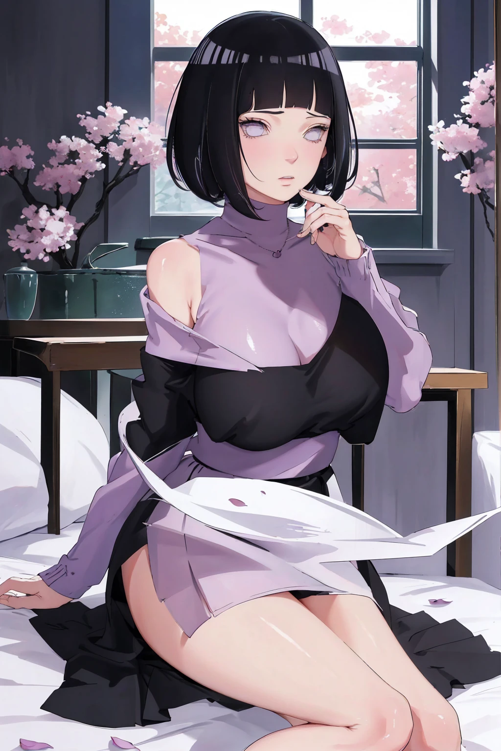 { - anatomy error} (Masterpiece - Ultra-detailed, very high resolution) (huge titusty, masterpiece, absurdres, hinata\(boruto\), 1girl, solo,mature female, off-shoulder bra, high waist black short skirt, looking at viewelling petals), perfect composition, detailed lips, big breast, beautiful face, body propotion, blush, (pink lips), short hair, (black hair), purple eyes, soft gaze, super realistic, detailed, photoshoot, realistic face and body, closed mouth, sitting on the bed , lilac eyes, full body, lace clothes, with chin resting on shoulder, perfect fingers