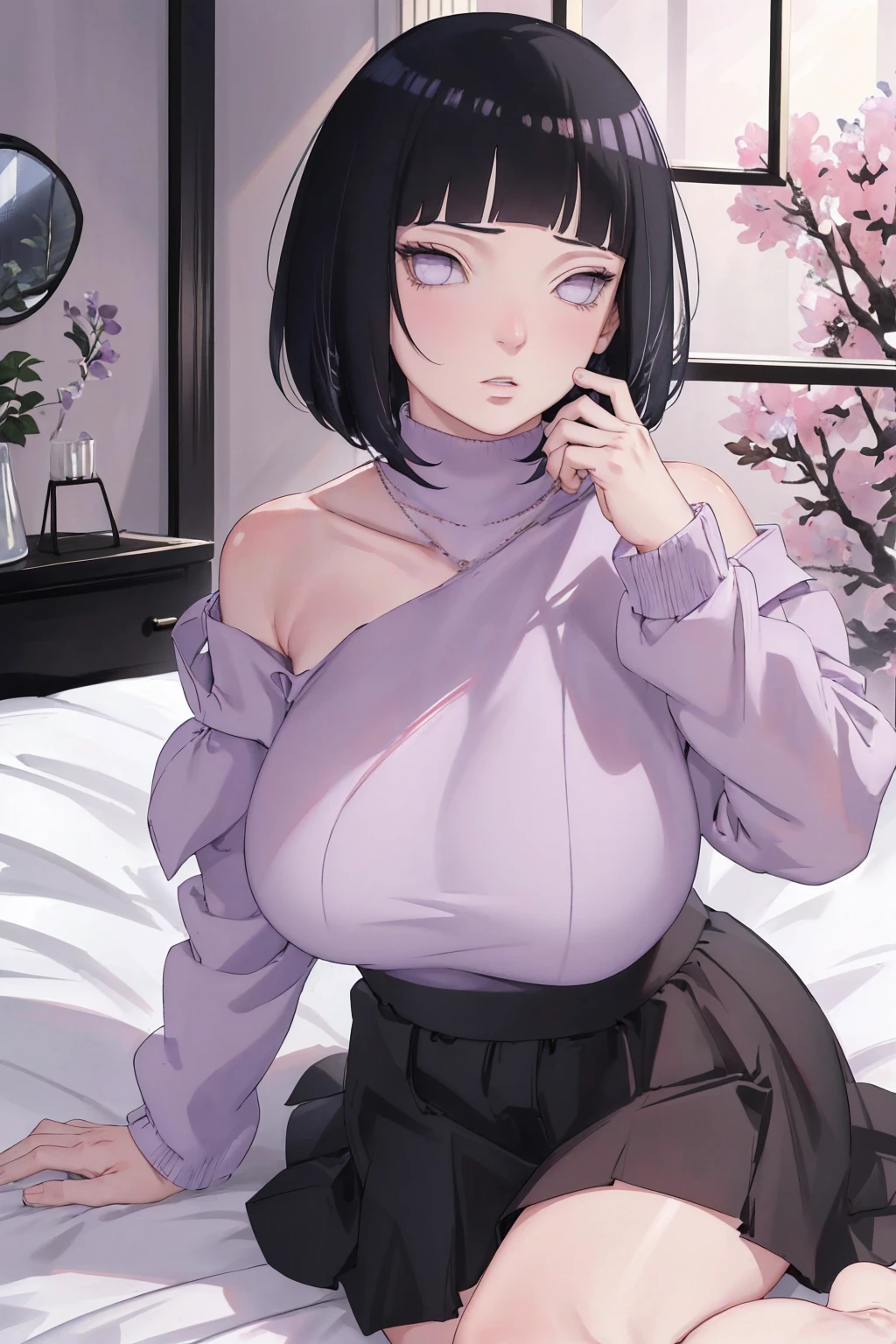 { - anatomy error} (Masterpiece - Ultra-detailed, very high resolution) (huge titusty, masterpiece, absurdres, hinata\(boruto\), 1girl, solo,mature female, off-shoulder bra, high waist black short skirt, looking at viewelling petals), perfect composition, detailed lips, big breast, beautiful face, body propotion, blush, (pink lips), short hair, (black hair), purple eyes, soft gaze, super realistic, detailed, photoshoot, realistic face and body, closed mouth, sitting on the bed , lilac eyes, upper body, lace clothes, backwards, looking back, with chin resting on shoulder, perfect fingers