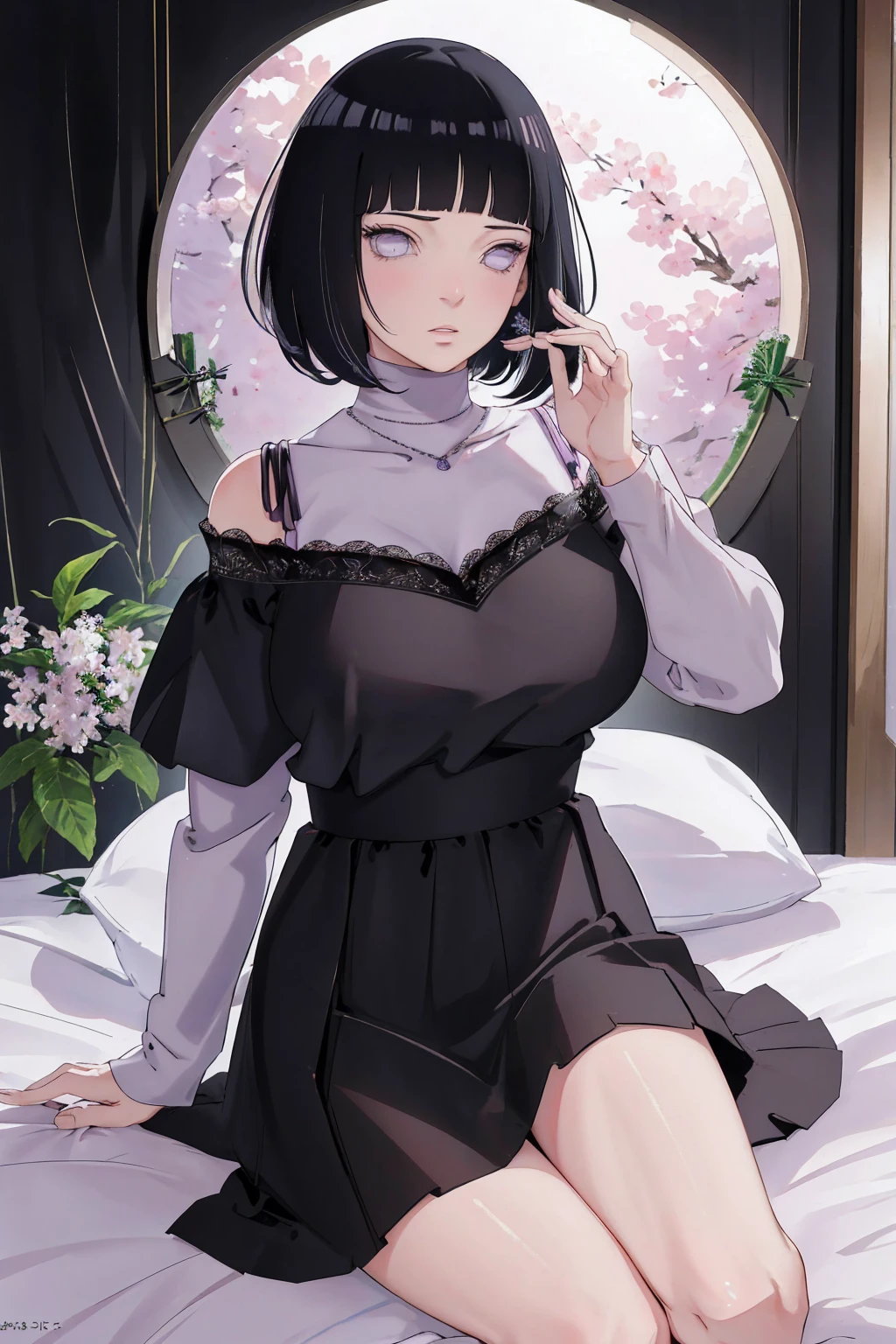 { - anatomy error} (Masterpiece - Ultra-detailed, very high resolution) (huge titusty, masterpiece, absurdres, hinata\(boruto\), 1girl, solo,mature female, off-shoulder bra, high waist black short skirt, looking at viewelling petals), perfect composition, detailed lips, big breast, beautiful face, body propotion, blush, (pink lips), short hair, (black hair), purple eyes, soft gaze, super realistic, detailed, photoshoot, realistic face and body, closed mouth, sitting on the bed , lilac eyes, full body, lace clothes, with chin resting on shoulder, perfect fingers