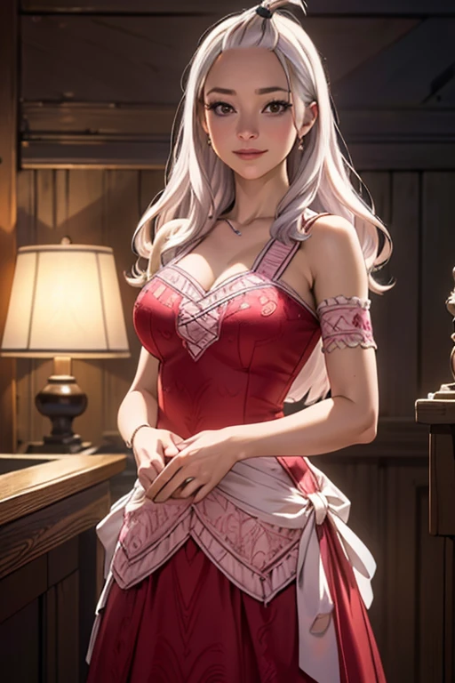 ultra realistic 8k cg, masterpiece, ((ultra detailed background, delicate pattern, intricate detail)), (highly detailed, fine details), best quality, 1girl, (photorealistic:1.4),beautiful lighting, absurdres, RAW photo, film grain, Mirajane Strauss with a beautiful smile wearing a sensual red dress