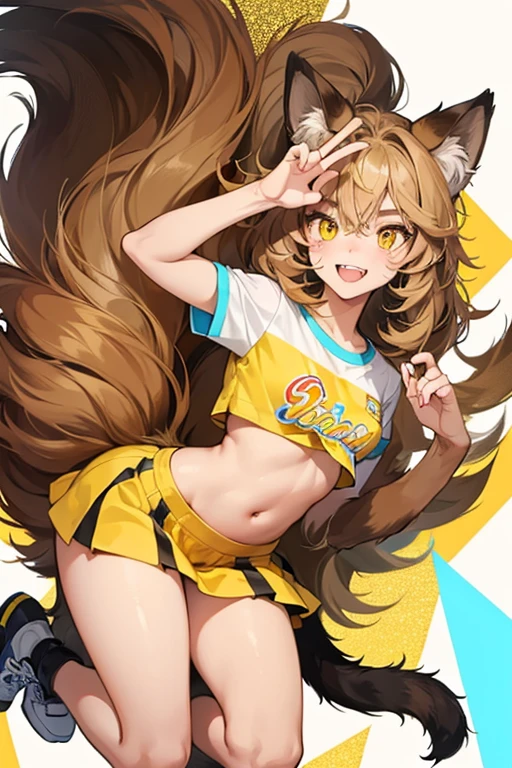 Katt is a brown cat with cyan ear fur, fangs, and bright yellow eyes. Her eyes are close together and has beige stripes on her legs, arms, face, and tail. Her paws are white, and she wears a pep squad shirt. SPARKLE; GLITTER