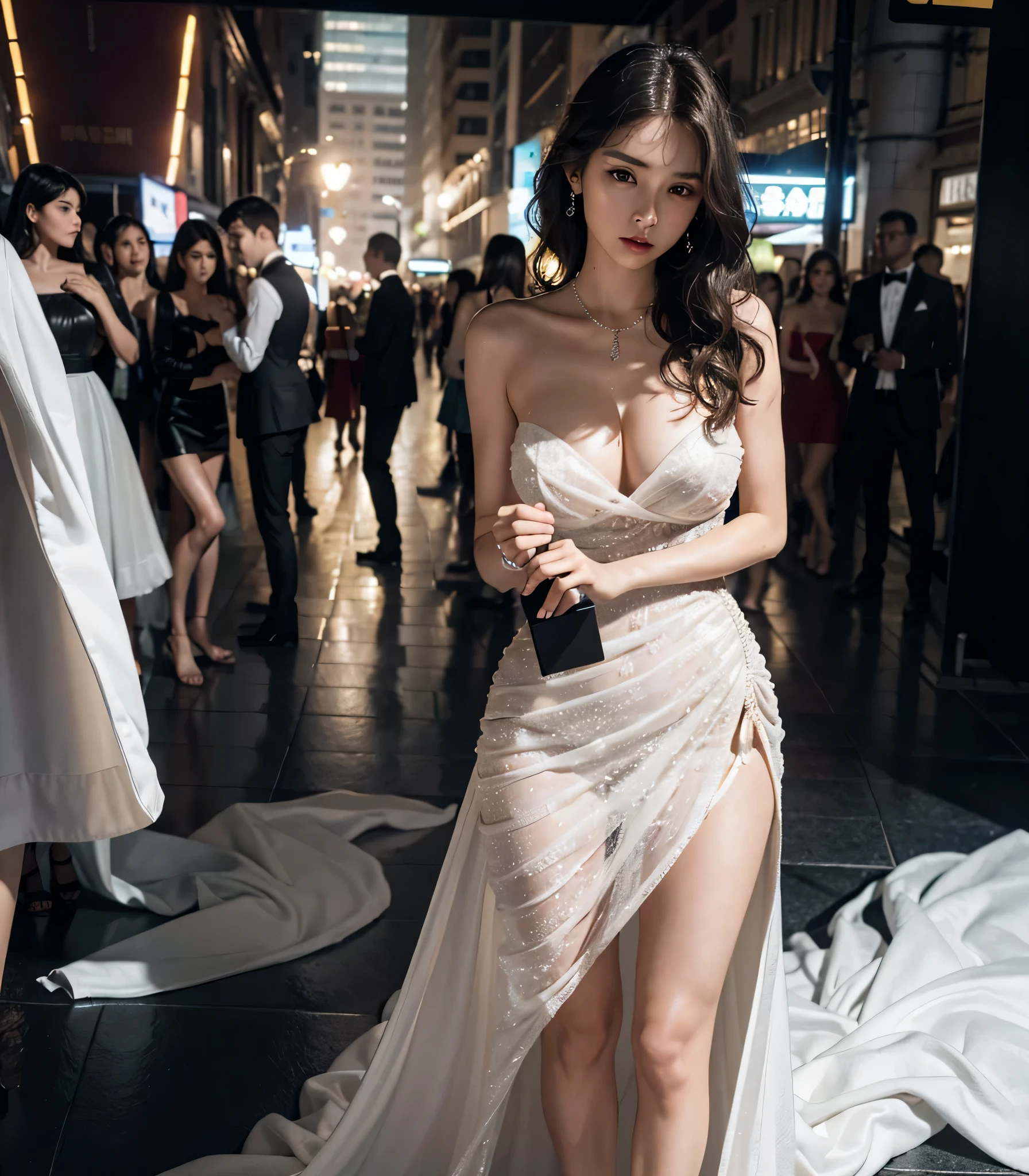 absurdres, RAW photo, extremely delicate and beautiful, masterpiece, Best Quality, ultra high resolution, 32k, hyperrealistic, ultra-detailed, perfect anatomy, perfect figure, super Detailed skin, Very detailed CG 8k wallpaper, in her 20s, very Slim body, narrow waist, very small head, very small face, delicate facial features, tearful mole, earring, thin legs, (very huge round breasts:1.3), (full body shot:1.3), (crowd:1.3), short hair, (wavy hair:1.2), wet clothes, (evening dress:1.3), strapless,