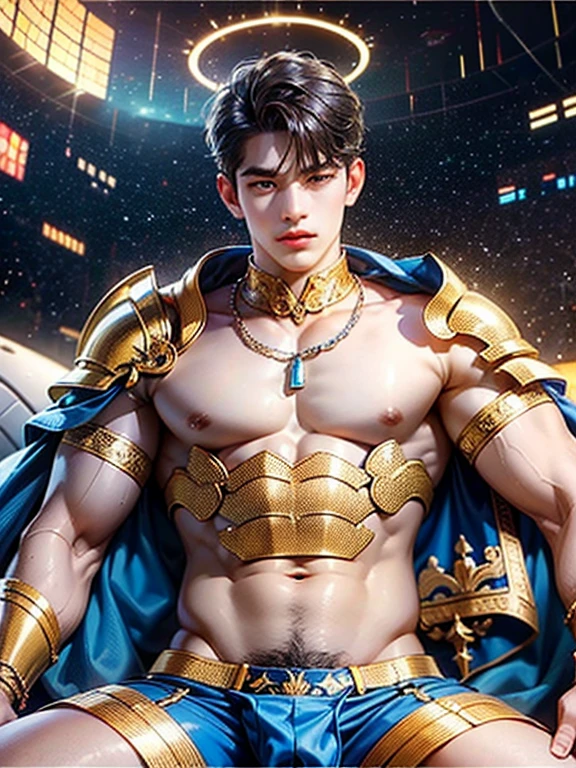 man with halo armor,  in a space base,Slightly rusty aura armor, professional photos, Milky Way Arav, a man with a whole necklace made of blue crystals on his neck and torso, shirtless., have a belly, Sit comfortably while spreading your legs., (fat(from below:1.1)), Eyes on the viewer, Korean muscular boy, 2 1 years old, [ Strictly defines the abdomen ]!!, perfect body, 21 years old, 22 years old, tear, Medium shot of the big man., Asian man, [ A firmly defined abdomen ]!!, 18 years old,((((Convex crotch)))),A golden shawl decorated with blue crystals.,Decorate the scene with crystals