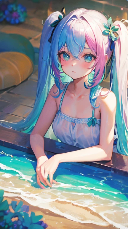 Photo from the side、(rainbow colored hair, colorful hair, half silver、half pink hair: 1.2), ,long hair、(Cinematic digital artwork: 1.3), high quality, table top, Turquoise eyes、最high qualityの, Super detailed, figure, [4K digital art]!!、 Kyoto animation style, one woman, clavicleの美しさ, clavicle, light, want, , positive, Dead leaves dance、（Ocean、sandy beach）、crawl on all fours、、（（white、chest is visible、See-throughのワンピース水着、See-through、Polka dot unset, motivation, shine, dynamic perspective、Blue glasses、Green ribbon、twin tails、embarrassed face、cute face、ecstasy