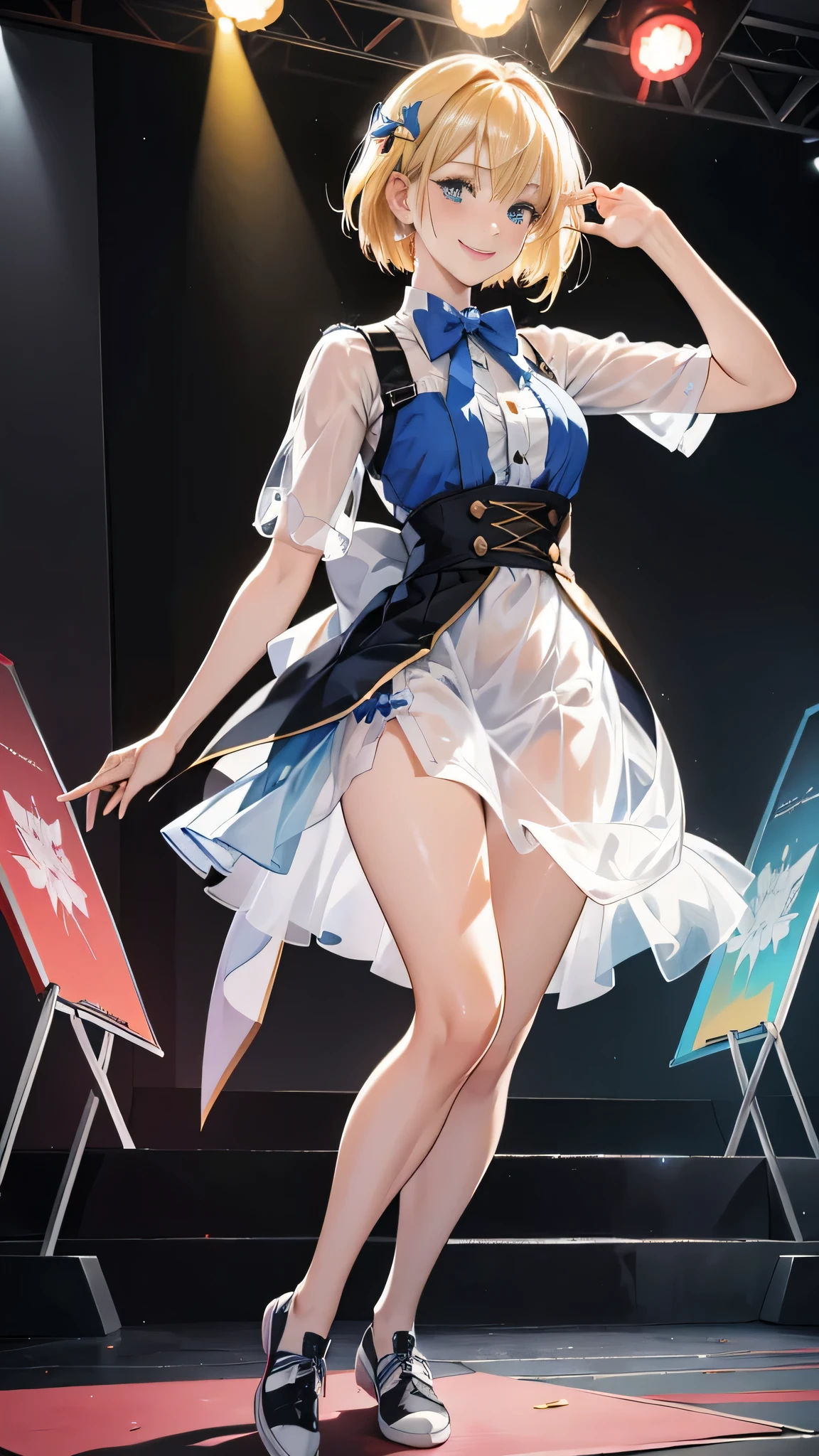 (RAW photo:1.2, photorealistic:1.3), masterpiece:1.4, best quality:1.3, Highest details:1.3, beautiful and aesthetic, extremely detailed CG unity 8k wallpaper,( vibrant colors:1.1), high resolution, see-through white short dress and a bow tie, anime visual of a cute girl, official character art, anime girl, official art, single character full body, anime full body illustration, full body portrait of a short!, female anime character, as an anime character, a-1 pictures, full body with costume, rei hiroe, anime best girl, blond bob hair, on the stage, dynamic pose, dancing, smile, full of sweaty, (peeing:1.5),