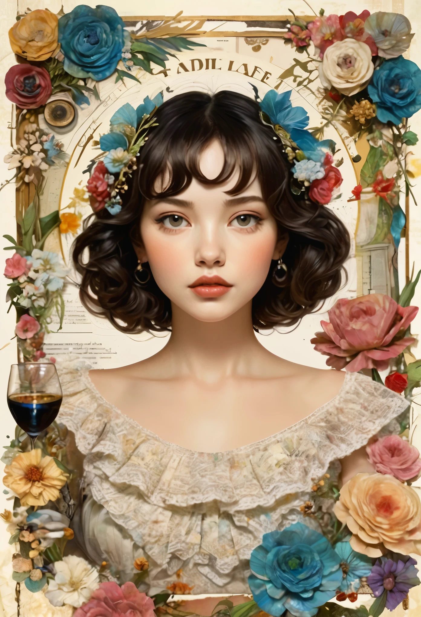 Super detailed alcohol ink painting of gorgeous girl, Made on top of a mixed-media masterpiece patchwork of stress-free vintage script paper, Ephemera, Torn cardboard, Vintage newspaper, Vintage sheet music, Wax Seal, Dress made of paper ruffles and life-size dainty lace, in the style of [Junk Journal, double exposure, Equal to the size of the body, Greg Simkins, Mark Davis, Oliver Jeffers, Andy Kehoe], Cinematic, Stunning, Highly detailed, 8K, dehazed