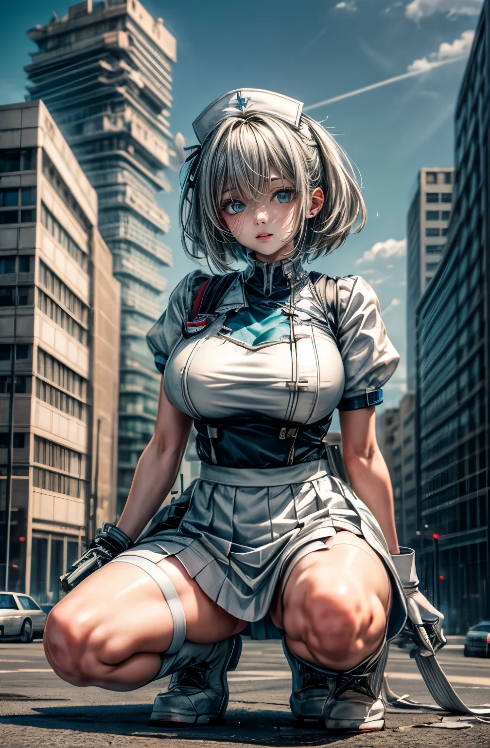 hyper quality、8K quality、High resolution、Image quality taken with a single-lens reflex camera、(SFW)、perfect anatomy、(White theme)Critical care、Mecha girl of justice、Beautiful girl with short gray ash hair、green eyes、Goddess smile、big breasts、(exposed thighs、squat:1.2)(white long nurse uniform、nurse style long skirt、medical equipment 1.6)(Mechanical parts below the elbow and below the knee:1.3)BREAK、(perfect anatomy:1.4)BREAK(white broken wall、daytime outdoors、Endless blue sky、horizon、destroyed city、A city where hope has disappeared:1.3)