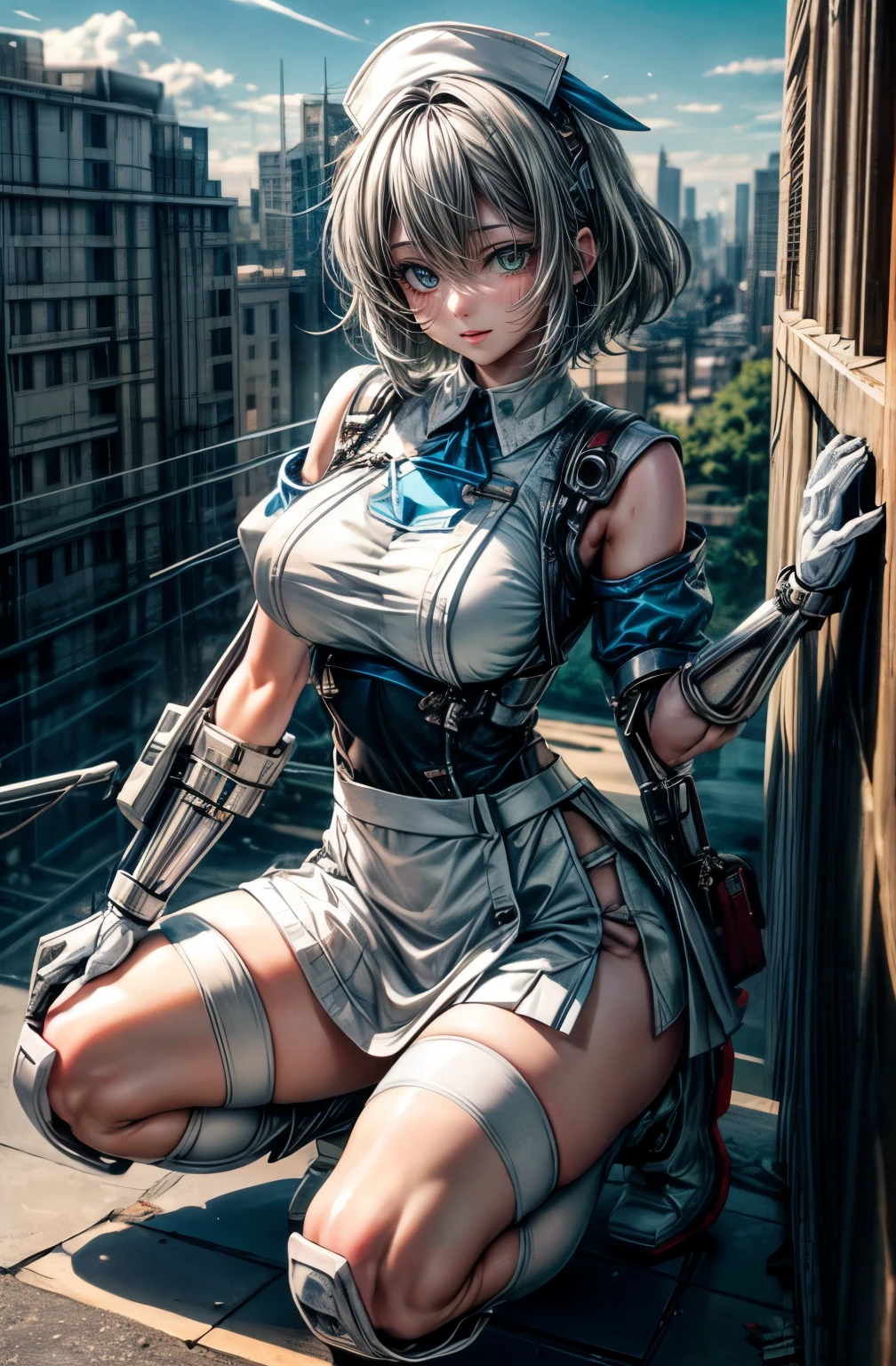 hyper quality、8K quality、High resolution、Image quality taken with a single-lens reflex camera、(SFW)、perfect anatomy、(White theme)Critical care、Mecha girl of justice、Beautiful girl with short gray ash hair、green eyes、Goddess smile、big breasts、(exposed thighs、squat:1.2)(white long nurse uniform、nurse style long skirt、medical equipment 1.6)(Mechanical parts below the elbow and below the knee:1.3)BREAK、(perfect anatomy:1.4)BREAK(white broken wall、daytime outdoors、Endless blue sky、horizon、destroyed city、A city where hope has disappeared:1.3)