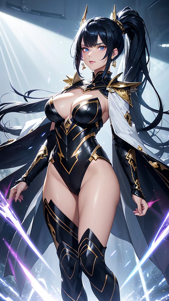 a mature woman, Confident, mighty and strong, (black blue hair streaked sky blue luminous hair), ((Extra long high ponytail with single side ear front hair combed in back)), floating hair, hair strand, shiny hair, blue amber eyes, pupils sparkling, aqua eyes, glowing eyes, pupils sparkling, upturned eyes, long upper eyelashes, double eyelids, deep red purple lips, white crystal earrings, a slight smile, (((Glowing clothing effect))), (Silver full body heavy armor), (((super high exquisite black and gold twin color pattern on silver armor))), ((Right hand holds a silver spear with lightning)), ((The left forearm is surrounded by fire and lightning)), (A huge upright lightning ring totem floats behind the shoulders), She is a war goddess, Random pose, Random expressions, Random background, White light surrounding the body, god rays, anime, full_body, Wide-Angle, UHD, masterpiece, award winning, 8k, super detail, best quality, retina, ccurate, super textured skin, super detail face, perfect face, Super fine facial details, beautiful and delicate eyes, perfect eyes, anatomically correct, correct limbs, correct finger, super detail finger, best hair quality, best clothing quality, best prop quality, best totem detail and quality, complex totem detail