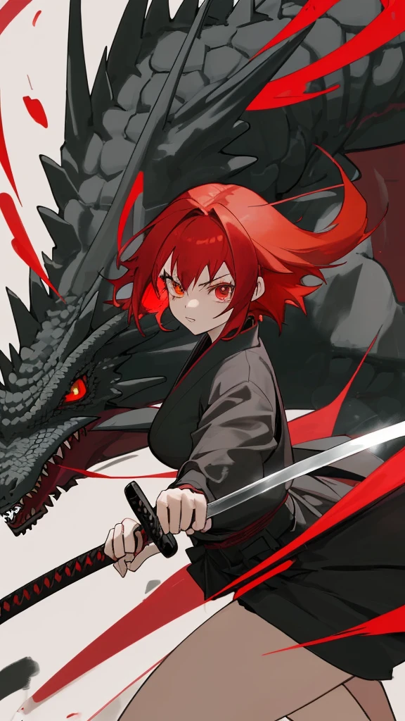 Red hair anime girl, with katana and a big black dragon