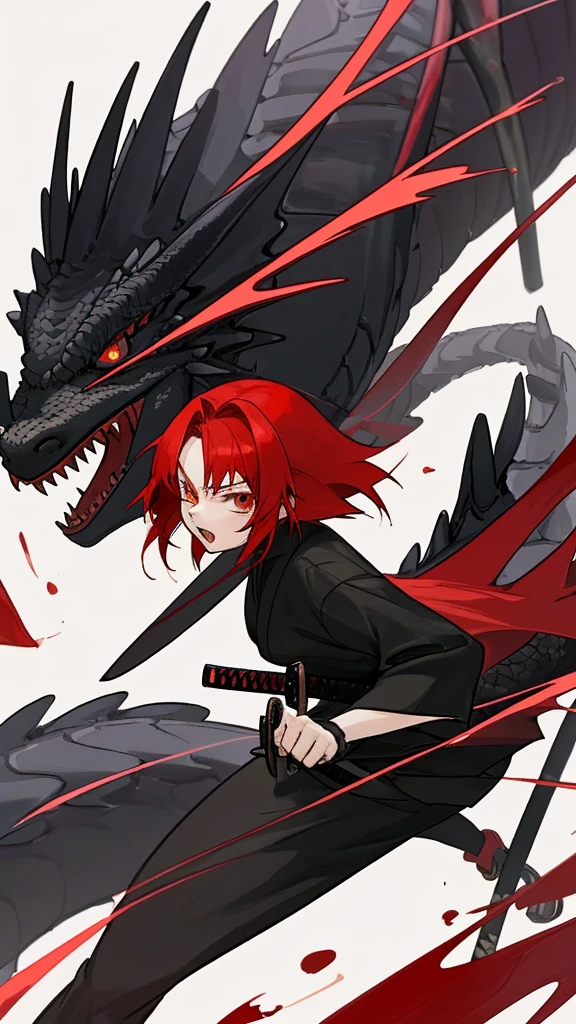 Red hair anime girl, with katana and a big black dragon