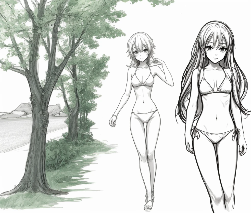 sketches of a woman in a bikini and a man in a swim suit, hands behind her body pose!, various pose, sketchy artstyle, anime pose, ecchi anime style, various poses, ecchi style, clean anime outlines, some trees in the background, anime proportions, character is in her natural pose, speed painting and scribble art