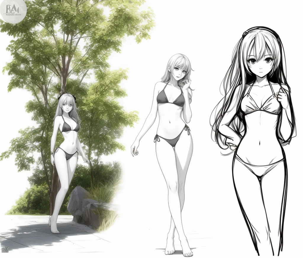 sketches of a woman in a bikini and a man in a swim suit, hands behind her body pose!, various pose, sketchy artstyle, anime pose, ecchi anime style, various poses, ecchi style, clean anime outlines, some trees in the background, anime proportions, character is in her natural pose, speed painting and scribble art