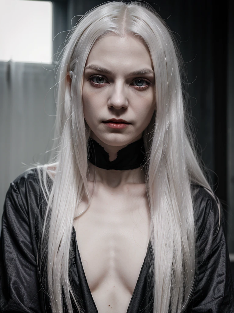 Old vampire,scary,long white hair,pale skin,scrawny,red eyes,