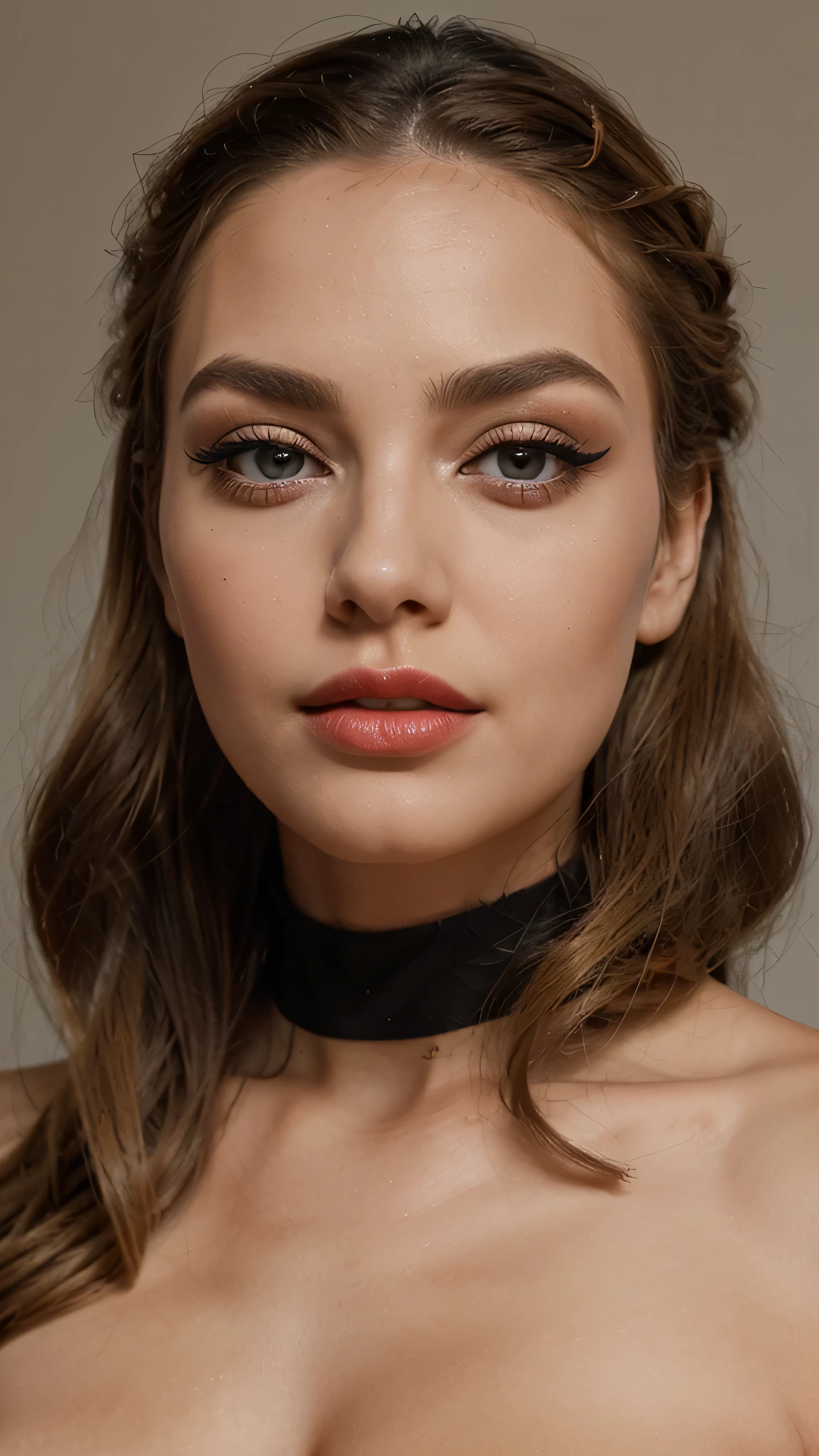 Create this image: The portrait displays a woman with striking makeup, featuring large, expressive eyes enhanced by long, voluminous lashes and well-defined eyebrows. The eye makeup is a subtle smoky blend of browns and beiges, completed with a stark black eyeliner. Her cheeks are highlighted with peach blush, and her lips are filled with a vivid red lipstick. The skin appears smooth and flawless, suggesting the use of full-coverage foundation. Her blonde hair is styled in a relaxed half-updo with strands gracefully falling around her face. Her posture and facial expression exude confidence and sophistication.