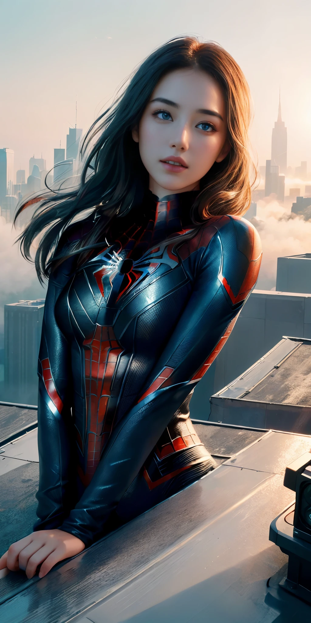 (1girl:1.3), Solo, (((Very detailed face)))), ((Very detailed eyes and face)))), Beautiful detail eyes, Body parts__, Official art, Unified 8k wallpaper, Super detailed, beautiful and beautiful, beautiful, masterpiece, best quality, original, masterpiece, super fine photo, best quality, super high resolution, realistic realism, sunlight, full body portrait, amazing beauty, dynamic pose, delicate face, vibrant eyes, (from the front), She wears Spider-Man suit, red and black color scheme, spider, very detailed city roof background, rooftop, overlooking the city, detailed face, detailed complex busy background, messy, gorgeous, milky white, highly detailed skin, realistic skin details, visible pores, clear focus, volumetric fog, 8k uhd, DSLR, high quality, film grain, fair skin, photo realism, lomography, futuristic dystopian megalopolis, translucent