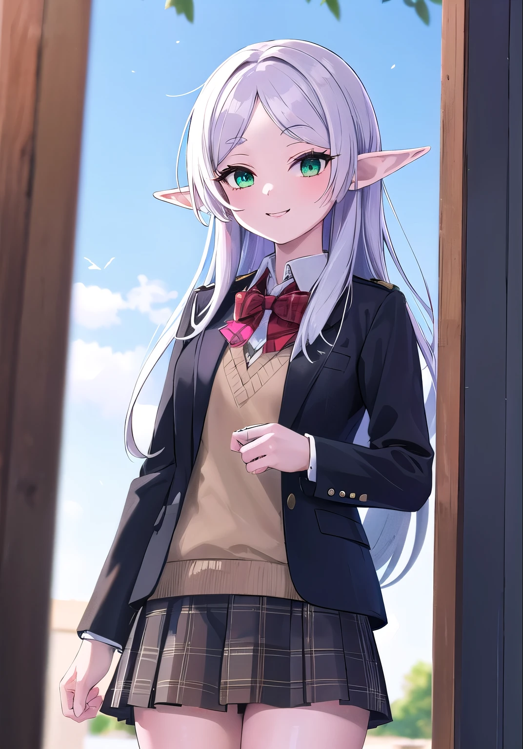 (masterpiece, best quality:1.0), highly detailed,  detail,  1girl, frieren , high, long hair, white hair, elf, pointy ears, green eyes, UNiform, red bowtie, collared shirt, sweater vest, blazer, black blazer, opened jacket, long sleeves, plaid skirt, brown skirt, outdoor,  smile,  standing, cowboy shot, 