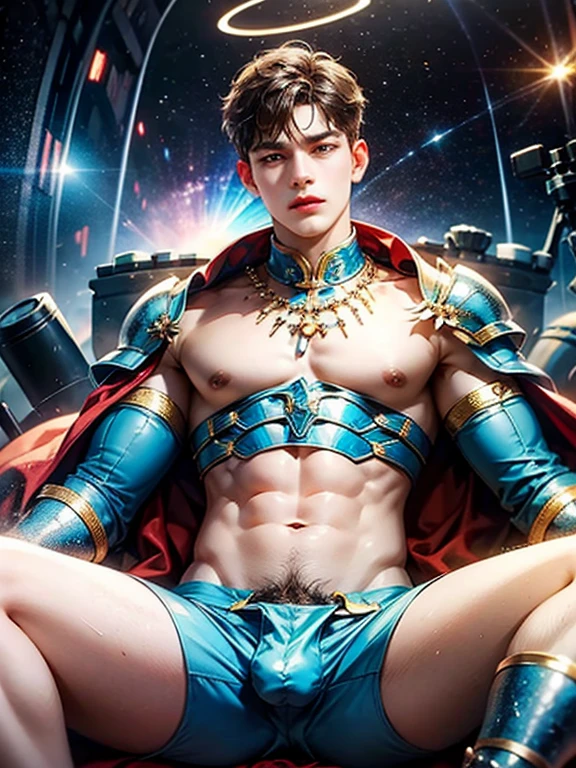 man with halo armor,  in a space base,Slightly rusty aura armor, professional photos, Milky Way Arav, a man with a whole necklace made of blue crystals on his neck and torso, shirtless., have a belly, Sit comfortably while spreading your legs., (fat(from below:1.1)), Eyes on the viewer, Korean muscular boy, 2 1 years old, [ Strictly defines the abdomen ]!!, perfect body, 21 years old, 22 years old, tear, Medium shot of the big man., Asian man, [ A firmly defined abdomen ]!!, 18 years old,((((Convex crotch)))),A golden shawl decorated with blue crystals.,The scene is decorated with Crystal Park.