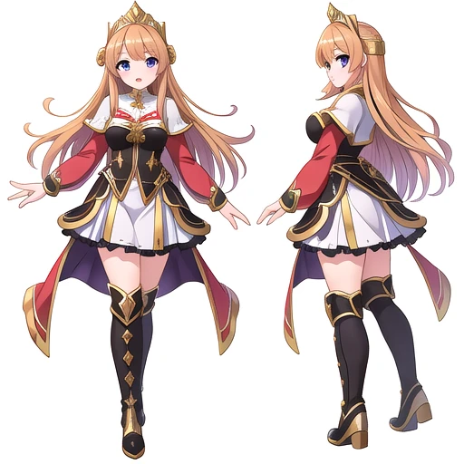 masterpiece, best quality, cute eyes, 1girl, solo, high fantasy costume, sex pose, ((white background)), full body, multiple views, boots, sword,