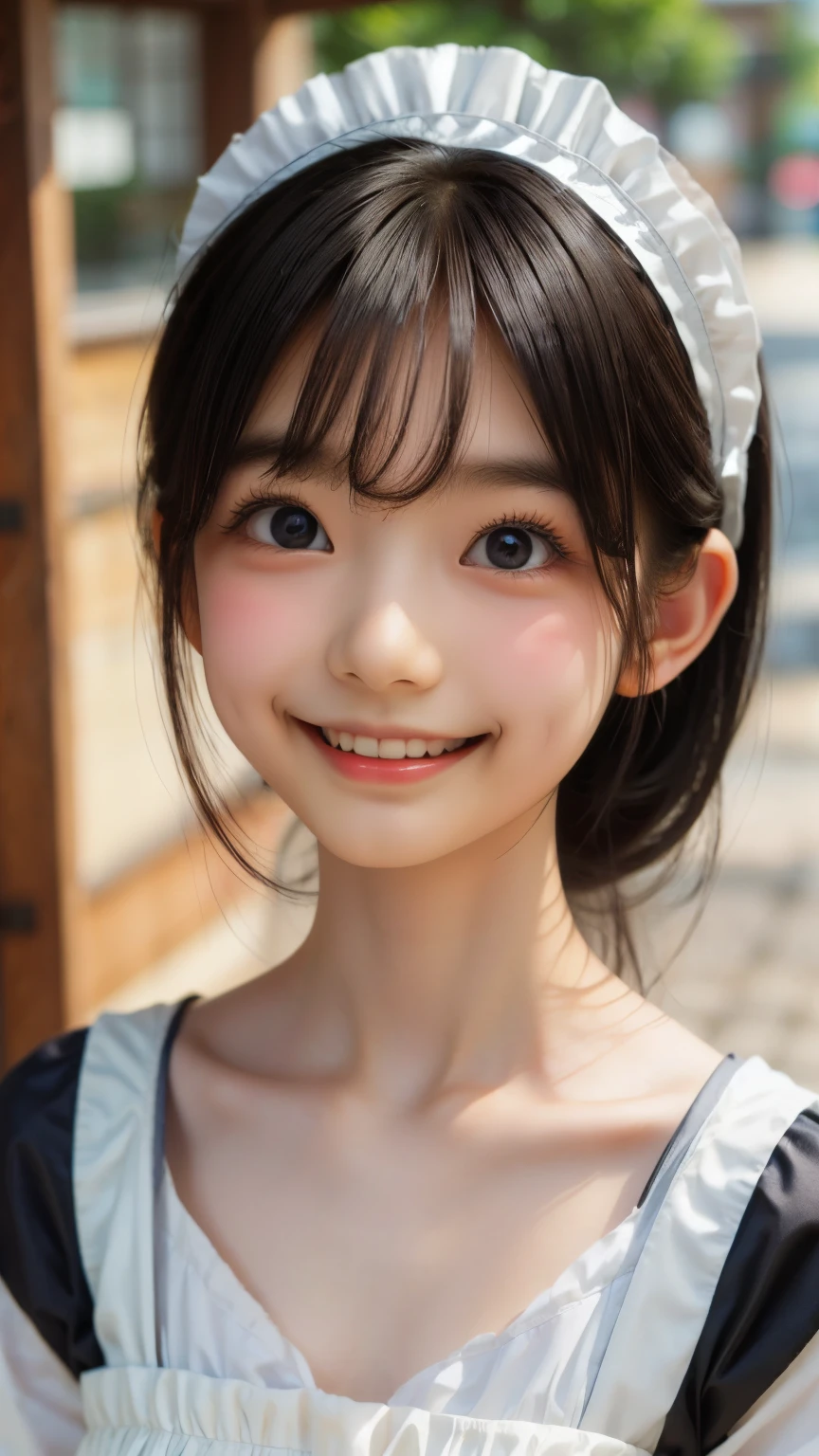 Best image quality, Focus, Soft light, Black hair, (Japanese)), (((Front, ))), (Depth of field), Ultra high resolution, (Real: 1.4), RAW photo, ((maid costume)), smiling face