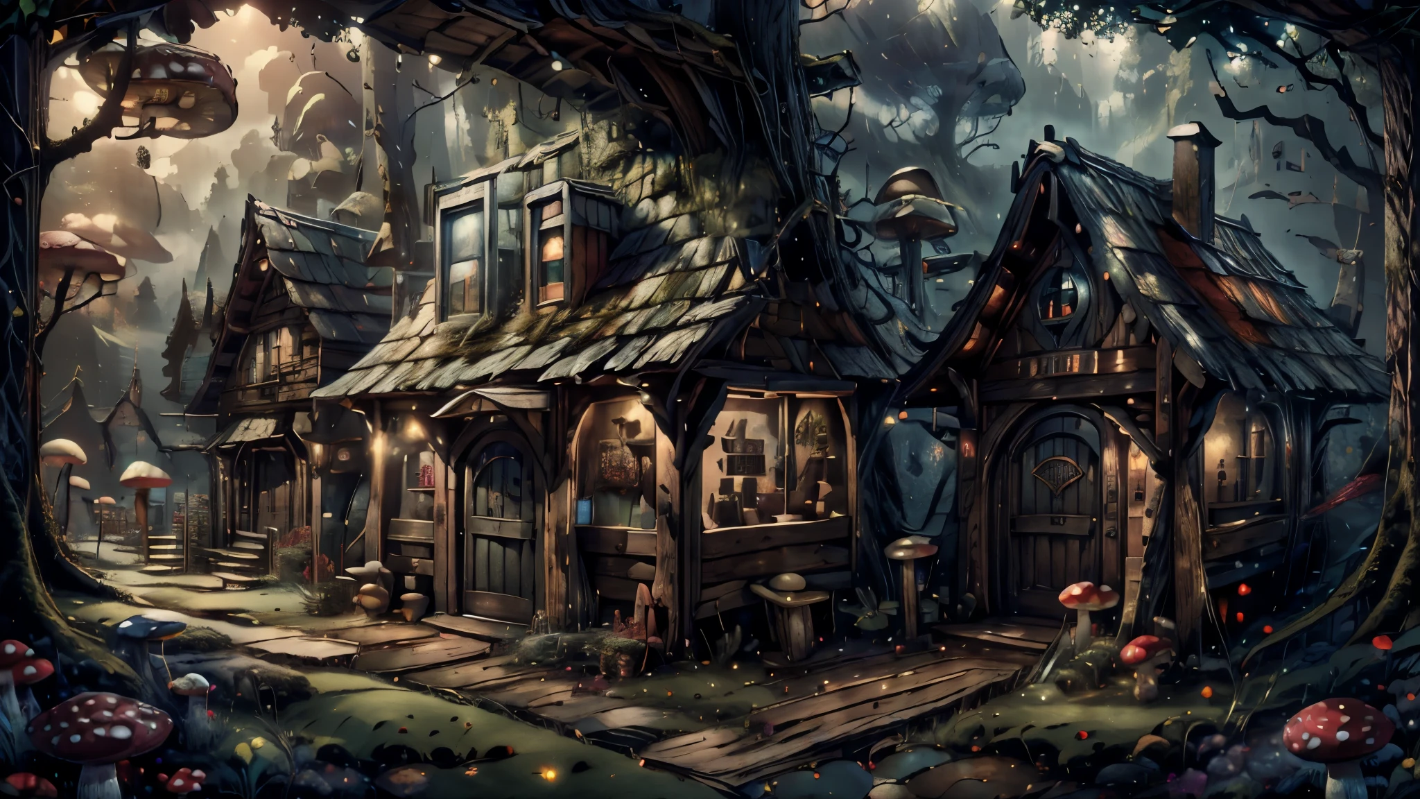 Masterpiece, best quality, 8k, panoramic view, Leprechaun village shopping center, Shoe stores, weapons store, a tavern and the large utility store, Lush vegetation and mushrooms make up the scene, fairytale atmosphere, harmony of nature, ethereal magic, breathtaking beauty, mysterious wonder