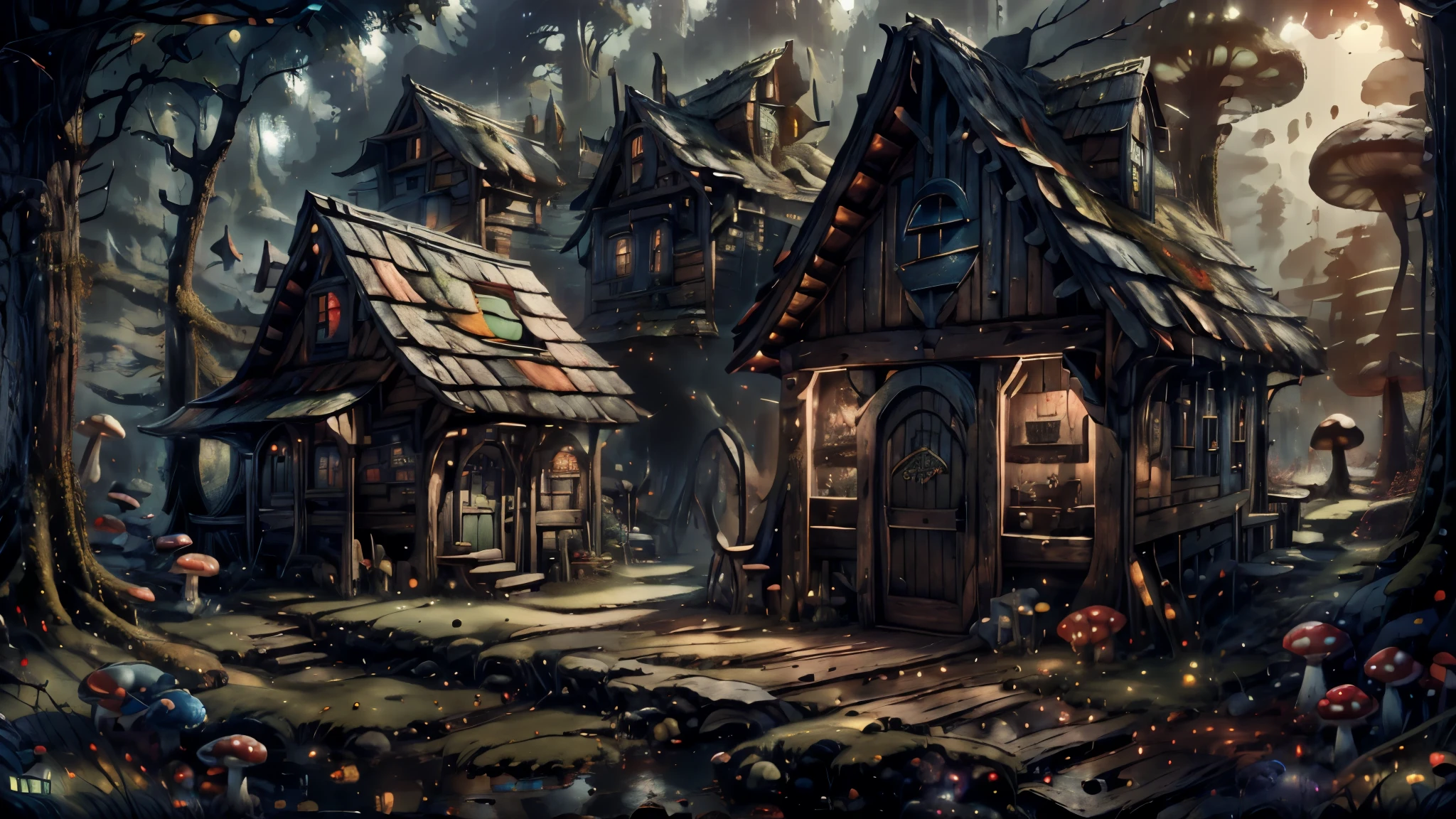 Masterpiece, best quality, 8k, panoramic view, center of the Leprechaun village, Shoe stores, weapons store, a tavern and the large utility store, Lush vegetation and mushrooms make up the scene, fairytale ambiance, harmony of nature, ethereal magic, breathtaking beauty, mysterious wonder.