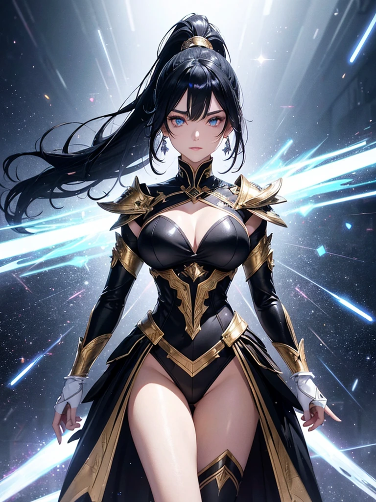 a mature woman, Confident, mighty and strong, (black blue hair streaked sky blue luminous hair), ((Extra long high ponytail with single side ear front hair combed in back)), floating hair, hair strand, shiny hair, blue amber eyes, pupils sparkling, aqua eyes, glowing eyes, pupils sparkling, upturned eyes, long upper eyelashes, double eyelids, deep red purple lips, white crystal earrings, a slight smile, (((Glowing clothing effect))), (Silver full body heavy armor), (((super high exquisite black and gold twin color pattern on silver armor))), ((Right hand holds a silver spear with lightning)), ((The left forearm is surrounded by fire and lightning)), (A huge upright lightning ring totem floats behind the shoulders), She is a war goddess, Random pose, Random expressions, Random background, White light surrounding the body, god rays, anime, full_body, Wide-Angle, UHD, masterpiece, award winning, 8k, super detail, best quality, retina, ccurate, super textured skin, super detail face, perfect face, Super fine facial details, beautiful and delicate eyes, perfect eyes, anatomically correct, correct limbs, correct finger, super detail finger, best hair quality, best clothing quality, best prop quality, best totem detail and quality, complex totem detail