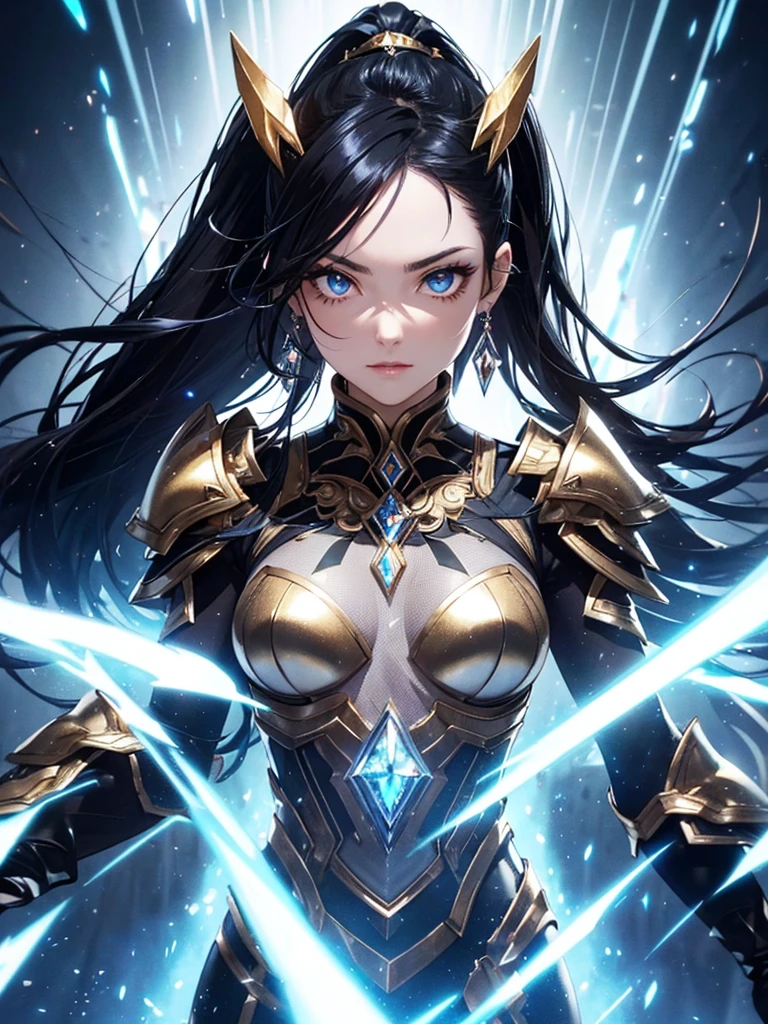 She has a mature, defined face with a firm jawline and high cheekbones, intense green eyes, and long black hair styled in an elegant bun with loose strands framing her face. Her skin is tanned and glowing. She has a curvier and more athletic physique, with well-defined muscles and an imposing yet graceful presence. Elara is wearing an elaborate armor made from the spoils of Nargoth. The armor is dark metal with glowing runes and features blue, ice-like adornments. It includes stylized shoulder pads, a robust chestplate with dragon emblems, and a flowing cape, reflecting strength and elegance.