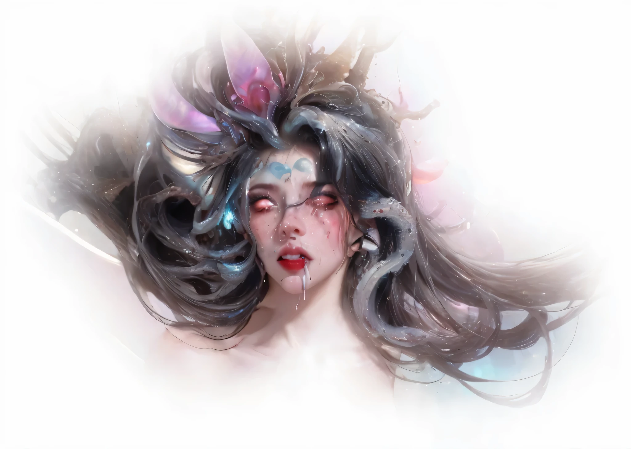 portrait, (beautiful female alien:1.2), (her eyes are red,no pupils:1.8), (translucent skin:1.7), (There is an organ similar to female genitalia in the middle of the forehead:1.9), (The most beautiful face in the history of the universe:1.2),eyes full of, (big mouth:1.1), (Teeth as sharp as a vampire:1.2), whole body portrait, (bioluminescence:1.5), (smile:1.3), (sexy pose:1.5), alien, no humans, cells are fused, (Many translucent tentacles:1.3) alien, cell, creature image, best quality, 8K,4K_quality, High freshness, dramatic lighting, on the table:1.5,cinematic quality, details, (Exquisite details:1.2), High resolution, High freshness, loyally, (thick eyebrows:1.2), beautiful eyes,exquisite symmetry,(The face and eyes are very detailed:1.2), intimate face, (Super detailed skin quality feeling:1.4), perfect anatomy, (Beautiful and fit body:1.5), (hydrated skin:1.2), No makeup, (dark circles:1.1), long canine teeth, movie character painting, ultra high quality model, cinematic quality, details, (Exquisite details:1.2), High resolution, High freshness, loyally, official art, Unity 8K 墙 , 8K portrait, best quality, Very High resolution, Ultra-detailed art photography, midnight halo, Unreal Engine 5, Super clear focus, Artworks by Alberto Seveso, type germ, Roish, Obras de arte intrincadas, best quality, masterpiece, ultra High resolution, (Photorealistic:1.4), Surrealism, like a dream, nautilus, create fantasy, snails, Dream snails, (biopunk nautilus:1.3),Exciting color schemes, Surrealism, charming smile, blue tentacles,