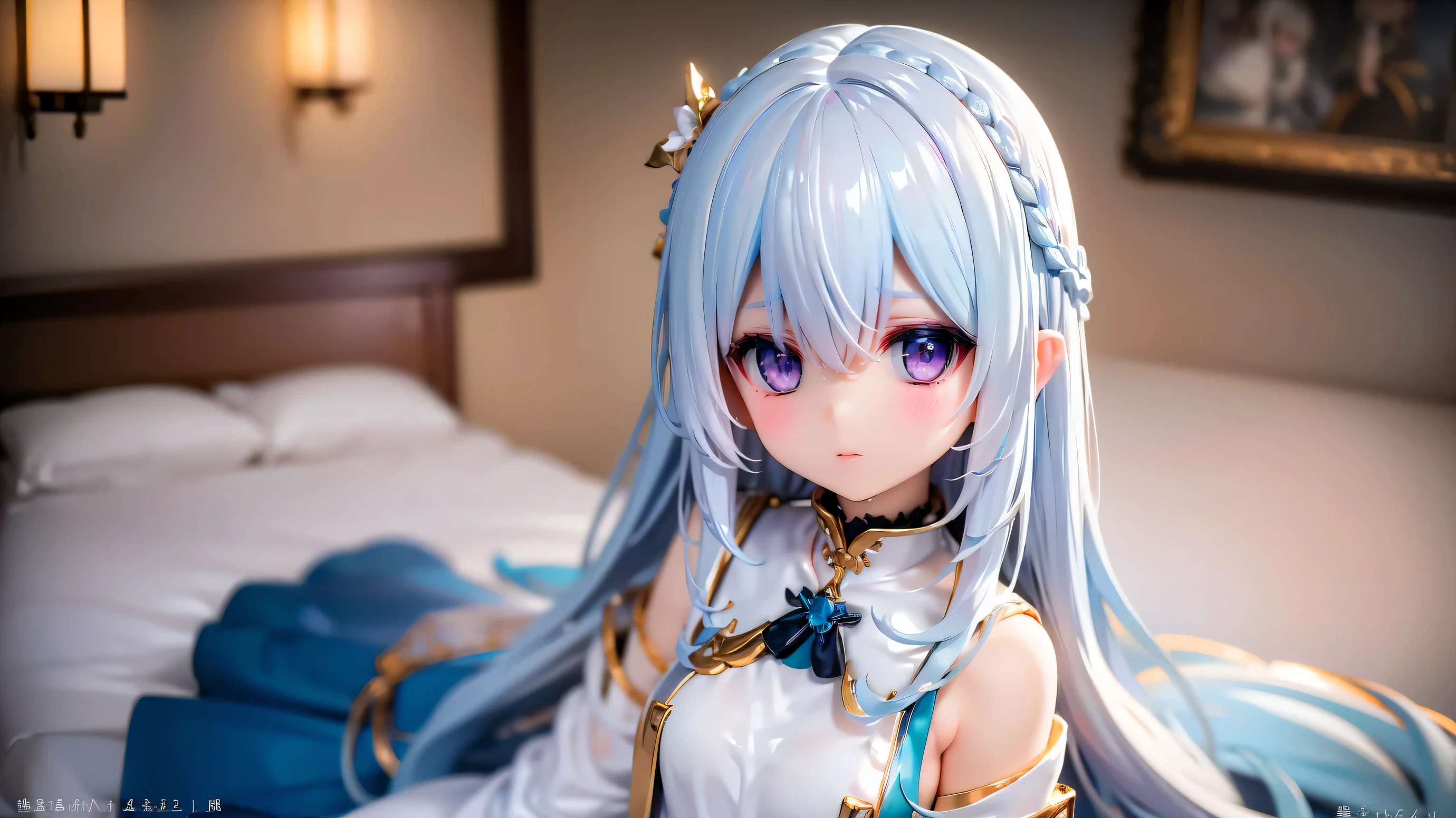 very cute girl、white hair、Light Blue Eye、medium long hair、Gold holy robe、11 years old、