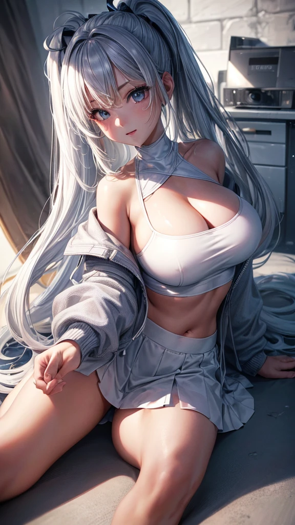 ((highest quality、High resolution、ultra detailed, ultra detailed face, 8K、masterpiece:1.8))、dynamic angle、I can see the whole body、wallpaper、1 girl、unparalleled beauty、ultimate beauty、super detailed face、delicate eyes、loving smile、sexy look、shirtlift tease, looking at the camera、Depth of bounds written、light particles、side light、ponytail、silver hair、white hoodie、black shortskirt, cropped hoodie underboob, Exposed underboob, huge breasts, white stockings, Sneakers、slim、slender、Street park ,