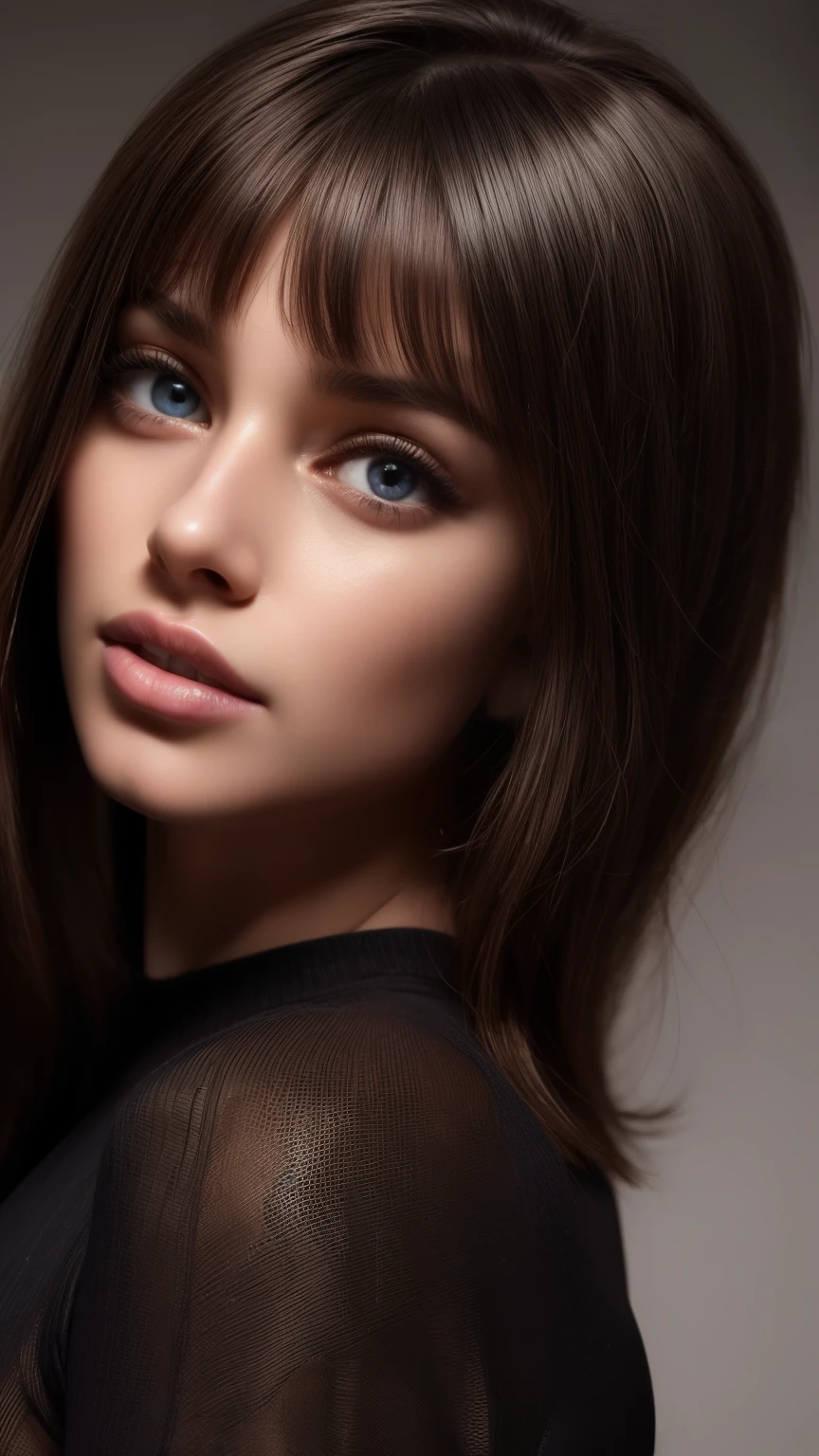 masterpiece, best quality, ultra-detailed, facing the camera head on, intricately detailed hyperdetailed, realistic, sharp features, highly detailed, sharp focus, perfect face, perfect face, perfect symmetrically perfect eyes, perfect full lips, flexible female form, cinematic, film light, hyper detailed, hyper realistic, masterpiece, atmospheric, high resolution, vibrant, dynamic studio lighting, nsfw, ((Dark background)), Sexy face, Facial expressions when receiving pleasure, open mouse, straight Bangs, Big breasts, Exposed cleavage, blue Eyes,black sweater,