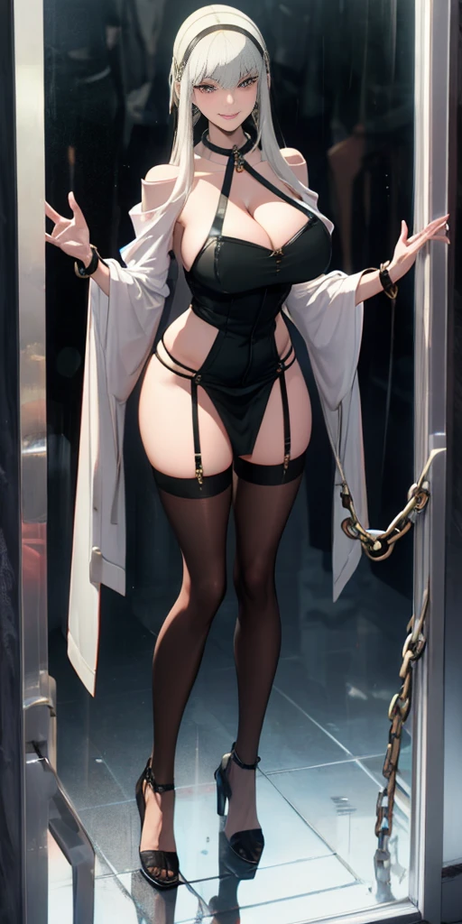 dark fantasy anime illustration of a (mature MILF BIMBO albino skin and short white hair), (FULL BODY) perfect face, wearing tight leather stealth armor, stalking, BIG KNOCKERS CLEAVAGE, lustful smirking smile red blush red cheeks, chain leash, kneeling, shackles, leather black collar slave, ((BLACK background)) hands on glass WITH KNOCKERS on glass, glass window fog water drop, 5 fingers each hand, metal handcuffs, black choker collar, thighhighs, long legs, metal ankle, metal sandals, metal shoulders, standing straight symmetrical against glass