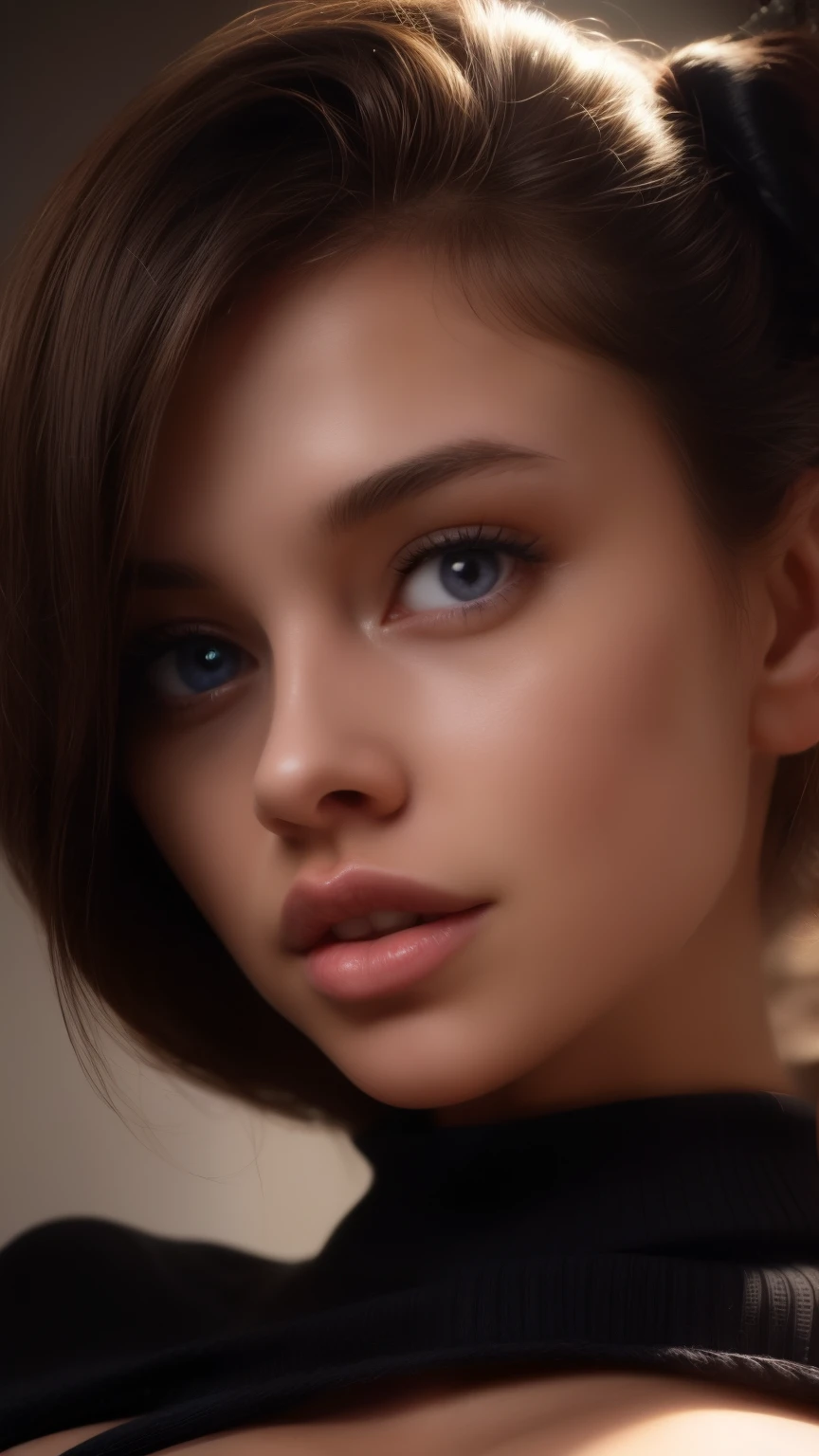 masterpiece, best quality, ultra-detailed, facing the camera head on, intricately detailed hyperdetailed, realistic, sharp features, highly detailed, sharp focus, perfect face, perfect face, perfect symmetrically perfect eyes, perfect full lips, flexible female form, cinematic, film light, hyper detailed, hyper realistic, masterpiece, atmospheric, high resolution, vibrant, dynamic studio lighting, nsfw, ((Dark background)), Sexy face, Facial expressions when receiving pleasure, open mouse, straight Bangs, Big breasts, Exposed cleavage, blue Eyes,black sweater,