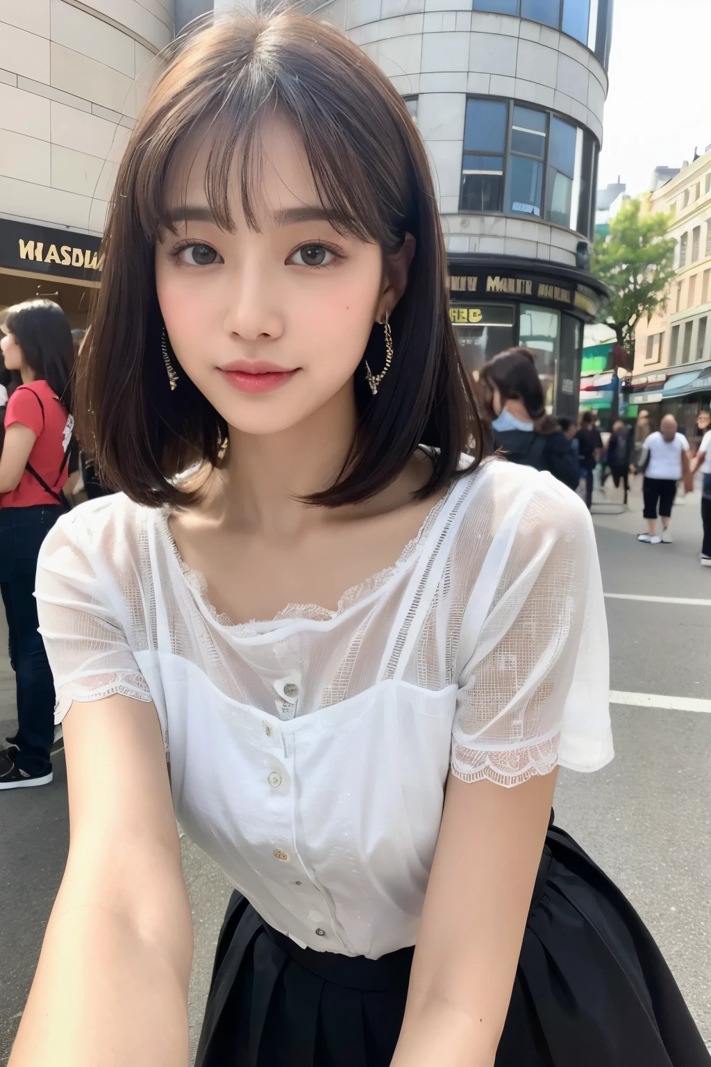 (8K、Raw photography、top-quality、masuter piece:1.2)、ultra-detailliert、ultra res、(realisitic、rialistic photo:1.37)、portlate、high-definition RAW color photography、Professional Photography、highly detailed and beautiful、ighly detailed、8K Picture Wallpaper、amazing detailed、huge filesize、Official art、Highly detailed CG Unity 8K wallpapers、highly detailed beautiful girl、extra detailed face、extremely detailed eye、highlydetailed skin、extremely detailed fingers、highly detailed nose、very detailed detailed mouth、Perfect Anatomy、highly detailed back ground、Highly detailed clothing、1 girl、(18:1.2)、Teen、Cute s、famous Japan idol、cute little、Realistic body、、de pele branca、glistning skin、Slim body、Handsome body、brown haired、Short curly hair、(Blunt bangs:1.2)、A smile、kawaii、zora々Right、kawaii faces、Lifelike face、Delicat eyes、Sauce order、White shirt、skirt by the、earrings、Looking at the camera、cowboy shot、front facing、Standing、Contrapo, high street, dynamic lighting,((top-quality、8K、masuter piece:1.3))、1 girl、Czech、bule、Black see-through:1.1、hyperdetailed face、A detailed eye、double eyelid、Brown hair、((top-quality、8K、masterpiece:1.3))、Focus:1.2、(Layered Haircut、(Sunnyday、Street:1.3)、Highly detailed facial and skin texture、finely eye、double eyelid、Whitened skin、length hair、(silently:1.3)、White lace、intricate clothing、bangss