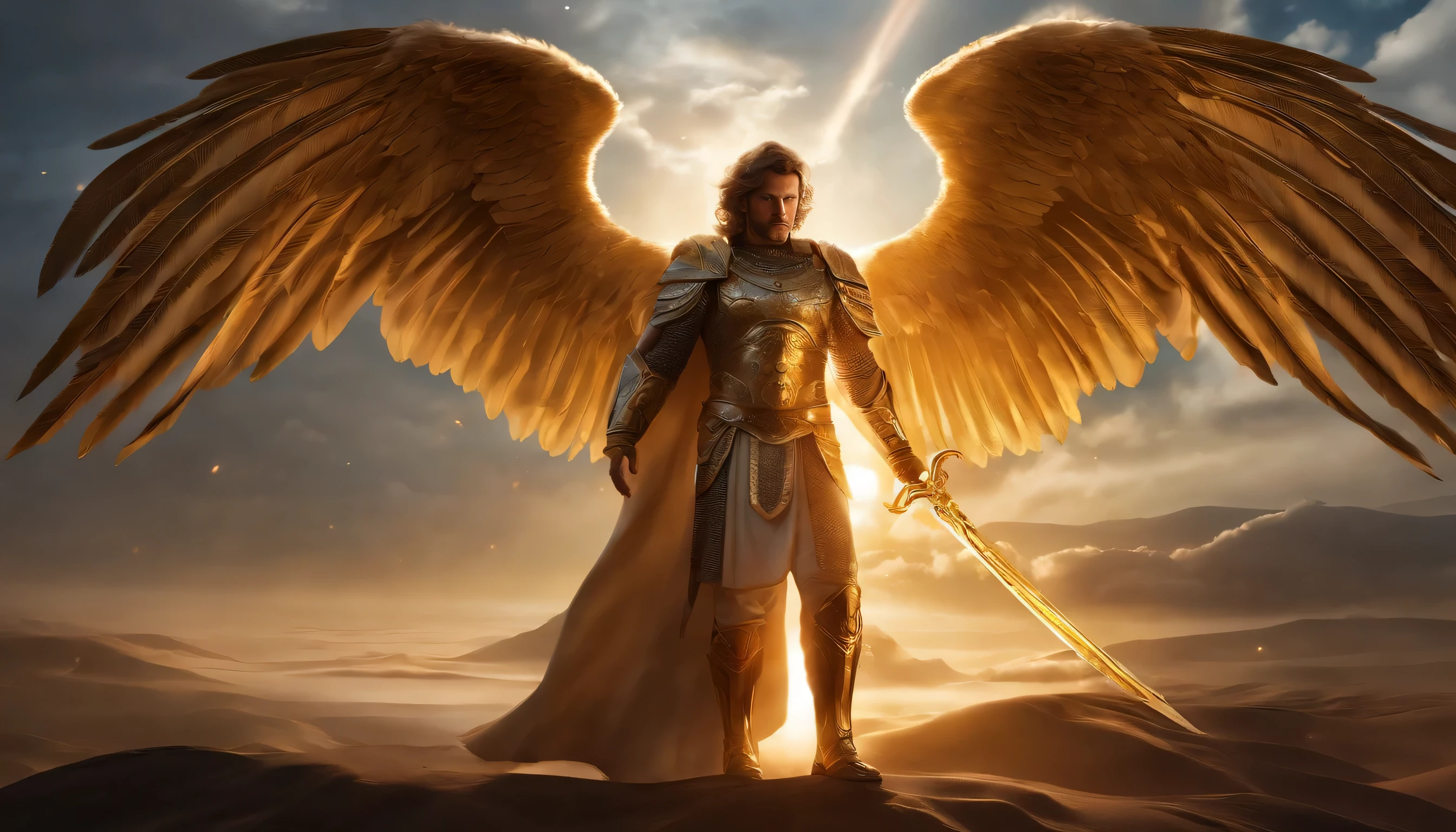 (8k ultra resolution), (Obra-prima superdensa), "dos anjos justos": A hall with majestic wings spread on the back々and presence., casting an ethereal glow. Sua armadura celestial, Consiste em placas de ouro e metal brilhante, Hugs your body with elegance and protection. Your face is、Reflects unwavering determination with fiery eyes shining with inner light., Although your lips remain firm in a gesture of determination.Carregando uma espada de desenho celestial, With a blade that seems forged with light and divine energy. Seu cabelo flui em mechas onduladas que se misturam com o vento, Add dynamism to your figure. The armor is decorated with sacred symbols and intricate patterns.、Parece animado com cada movimento., Suas asas emitem um brilho suave que ilumina o ambiente.This righteous angel is、Symbolizes the fusion of God's gift and unwavering determination., A person who inspires surprise and hope in the pursuit of justice and justice.
