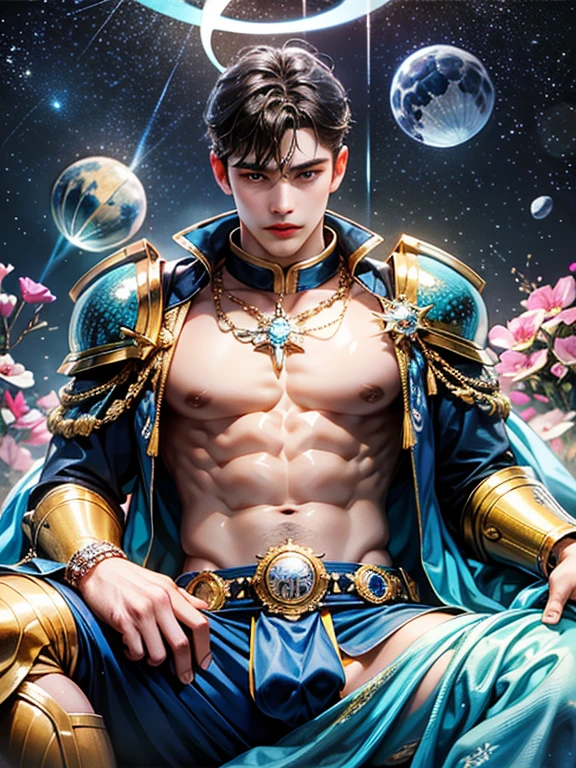 man with halo armor,  in a space base,Slightly rusty aura armor, professional photos, Milky Way Arav, a man with a whole necklace made of blue crystals on his neck and torso, shirtless., have a belly, Sit comfortably while spreading your legs., (fat(from below:1.1)), Eyes on the viewer, Korean muscular boy, 2 , [ Strictly defines the abdomen ]!!, perfect body, 21 years old, 22 years old, tear, Medium shot of the big man., Asian man, [ A firmly defined abdomen ]!!, 18 years old,((((Convex crotch)))),A golden shawl decorated with blue crystals.,The scene is decorated with Crystal Park.,Wear a large crystal belt.
