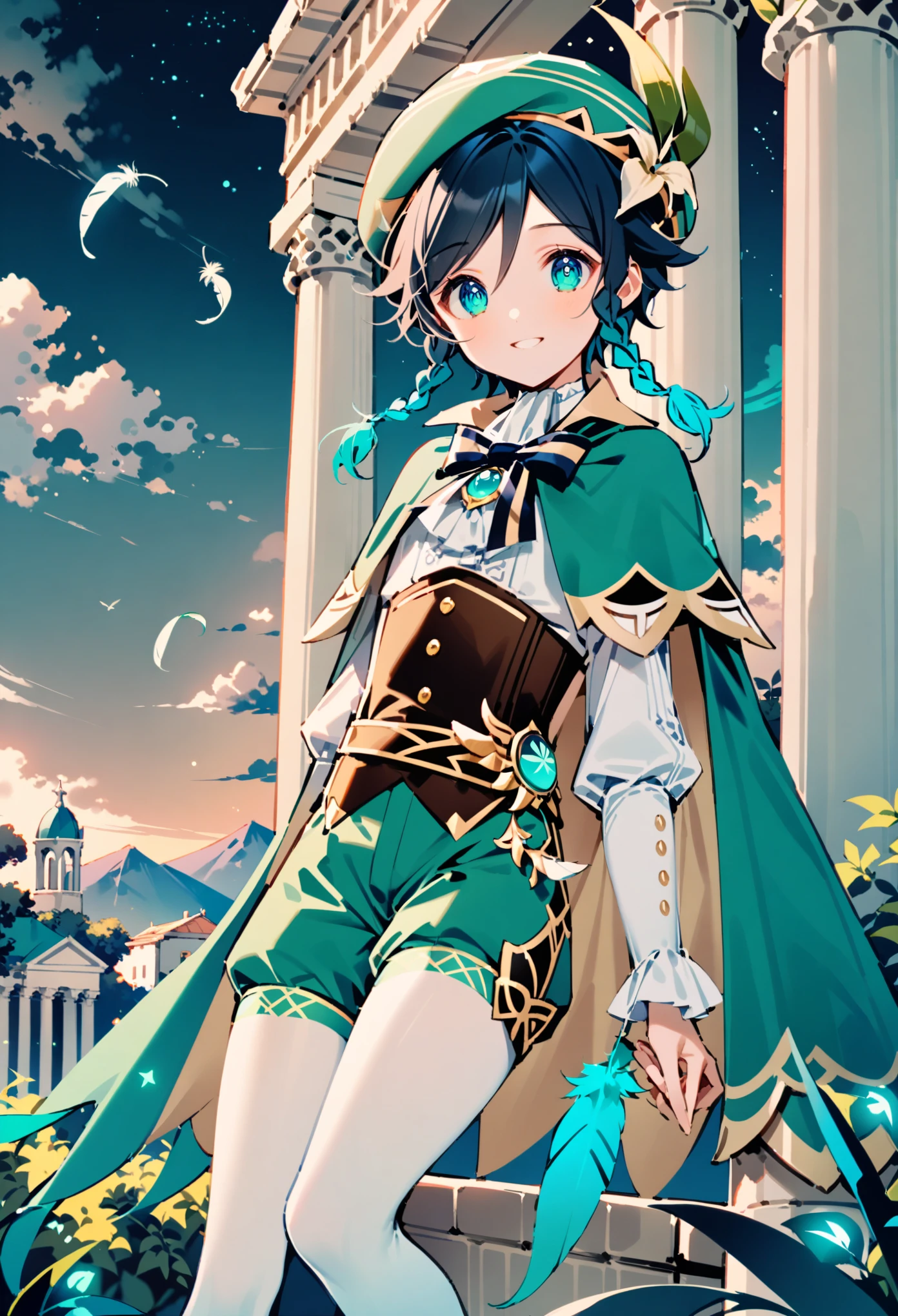 anime, 1boy, venti, genshin_impact, dsmile, soft pastel, best quality, absurdres, very aesthetic, dsmile9, expressive eyes, perfect face, artist style dsmile, gradient hair,  braids, flat chest, beautiful blue green gradient eyes,  shorts, white pantyhose, cape, hat, feathers, clouds, night sky, scenery, mountains in background, large tree, vines, long lashes, greek architecture, white pillars, full body