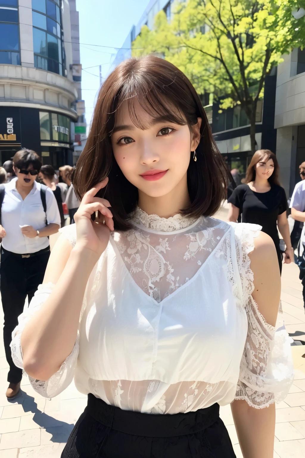(8K、Raw photography、top-quality、masuter piece:1.2)、ultra-detailliert、ultra res、(realisitic、rialistic photo:1.37)、portlate、high-definition RAW color photography、Professional Photography、highly detailed and beautiful、ighly detailed、8K Picture Wallpaper、amazing detailed、huge filesize、Official art、Highly detailed CG Unity 8K wallpapers、highly detailed beautiful girl、extra detailed face、extremely detailed eye、highlydetailed skin、extremely detailed fingers、highly detailed nose、very detailed detailed mouth、Perfect Anatomy、highly detailed back ground、Highly detailed clothing、1 girl、(18:1.2)、Teen、Cute s、famous Japan idol、cute little、Realistic body、、de pele branca、glistning skin、Slim body、Handsome body、brown haired、Short curly hair、(Blunt bangs:1.2)、A smile、kawaii、zora々Right、kawaii faces、Lifelike face、Delicat eyes、Sauce order、White shirt、skirt by the、earrings、Looking at the camera、cowboy shot、front facing、Standing、Contrapo, high street, dynamic lighting,((top-quality、8K、masuter piece:1.3))、1 girl、Czech、bule、Black see-through:1.1、hyperdetailed face、A detailed eye、double eyelid、Brown hair、((top-quality、8K、masterpiece:1.3))、Focus:1.2、(Layered Haircut、(Sunnyday、Street:1.3)、Highly detailed facial and skin texture、finely eye、double eyelid、Whitened skin、length hair、(silently:1.3)、White lace、intricate clothing、bangss