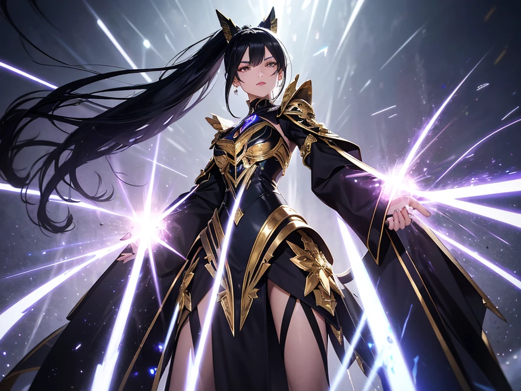 a mature woman, Confident, mighty and strong, (black blue hair streaked sky blue luminous hair), ((Extra long high ponytail with single side ear front hair combed in back)), floating hair, hair strand, shiny hair, blue amber eyes, pupils sparkling, aqua eyes, glowing eyes, pupils sparkling, upturned eyes, long upper eyelashes, double eyelids, deep red purple lips, white crystal earrings, a slight smile, (((Glowing clothing effect))), (Silver full body heavy armor), (((super high exquisite black and gold twin color pattern on silver armor))), ((Right hand holds a silver spear with lightning)), ((The left forearm is surrounded by fire and lightning)), (A huge upright lightning ring totem floats behind the shoulders), She is a war goddess, Random pose, Random expressions, Random background, White light surrounding the body, god rays, anime, full_body, Wide-Angle, UHD, masterpiece, award winning, 8k, super detail, best quality, retina, ccurate, super textured skin, super detail face, perfect face, Super fine facial details, beautiful and delicate eyes, perfect eyes, anatomically correct, correct limbs, correct finger, super detail finger, best hair quality, best clothing quality, best prop quality, best totem detail and quality, complex totem detail