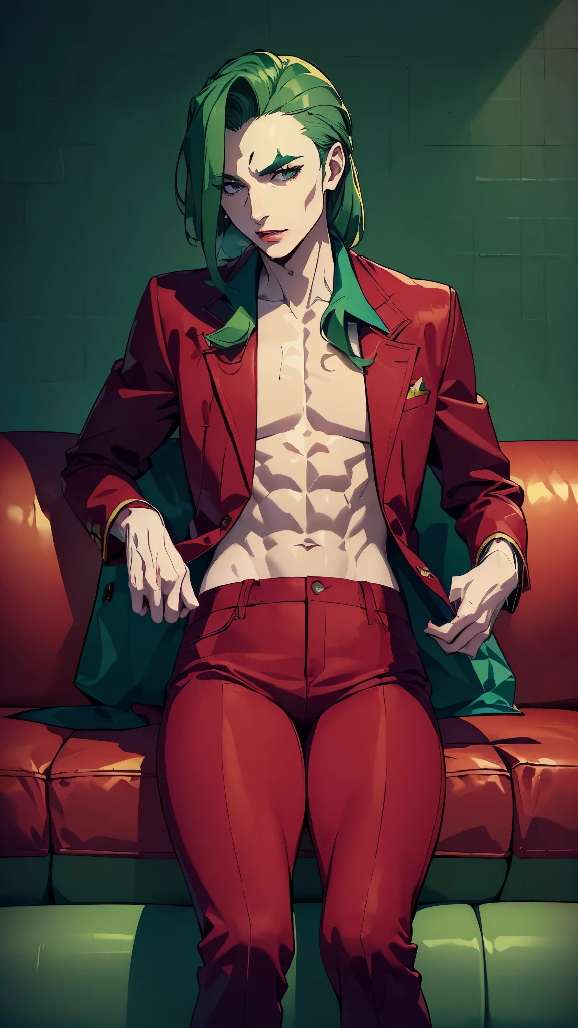 ((8K resolution))、((highest quality))、((masterpiece))、((Super detailed))((((dramatic))), (anatomically correct)、Depth of object being written、look at the camera、(theme、whole body:1.1)、one person、one personの女性、Masculine feminine、front、(clothing:red jacket、red pants、Yellow and blue accent)the joker style,Thin but muscular body, toned arms, long and thin legs, Athletic Presence,soaked、jagged teeth、He held a cigarette in his mouth.、half closed eyes / Bad mood 、pale skin、thin chest、My chest fluttered.、(hairstyle:Medium straight,green)、Sit on the vermilion sofa、(Background Wallpaper:Dark green base、yellow plaid)