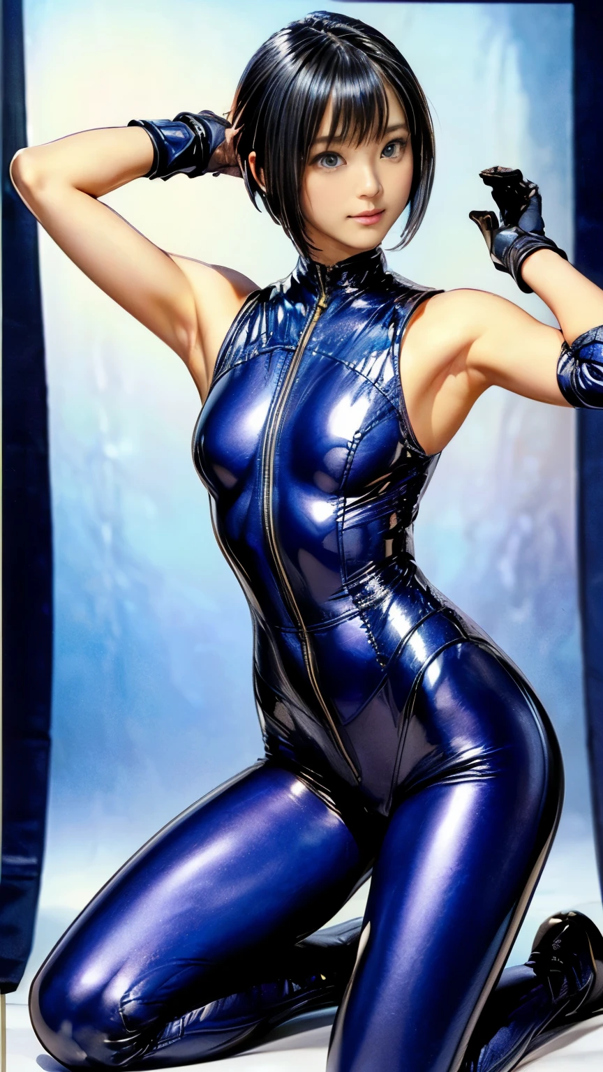 (masterpiece、highest quality、highest resolution、clear_image、Detailed details): (full body figure、 girl、Japanese face、small face、thin、navy blue super short bob cut hair、blue colored eyes、blue and black shiny pilot suit、armor that protects the chest、tight-fitting clothes、clothes that cover the whole body、tight fit pants、very delicate and beautiful、hide thighs、hide your butt、cute type、gentle smile、soft expression、headset、knee high boots、gloves up to the elbow、eye level shot、face directly、woman on a spaceship)、, (((armpit hair、armpit hairを見せる、raise both arms、armpit)))