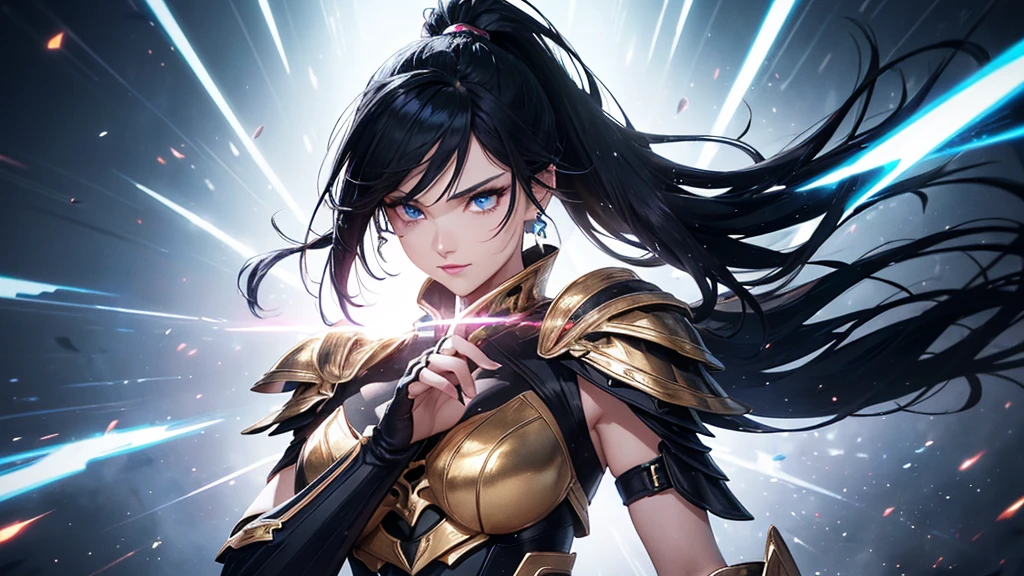 a mature woman, Confident, mighty and strong, (black blue hair streaked sky blue luminous hair), ((Extra long high ponytail with single side ear front hair combed in back)), floating hair, hair strand, shiny hair, blue amber eyes, pupils sparkling, aqua eyes, glowing eyes, pupils sparkling, upturned eyes, long upper eyelashes, double eyelids, deep red purple lips, white crystal earrings, a slight smile, (((Glowing clothing effect))), (Silver full body heavy armor), (((super high exquisite black and gold twin color pattern on silver armor))), ((Right hand holds a silver spear with lightning)), ((The left forearm is surrounded by fire and lightning)), (A huge upright lightning ring totem floats behind the shoulders), She is a war goddess, Random pose, Random expressions, Random background, White light surrounding the body, god rays, anime, full_body, Wide-Angle, UHD, masterpiece, award winning, 8k, super detail, best quality, retina, ccurate, super textured skin, super detail face, perfect face, Super fine facial details, beautiful and delicate eyes, perfect eyes, anatomically correct, correct limbs, correct finger, super detail finger, best hair quality, best clothing quality, best prop quality, best totem detail and quality, complex totem detail