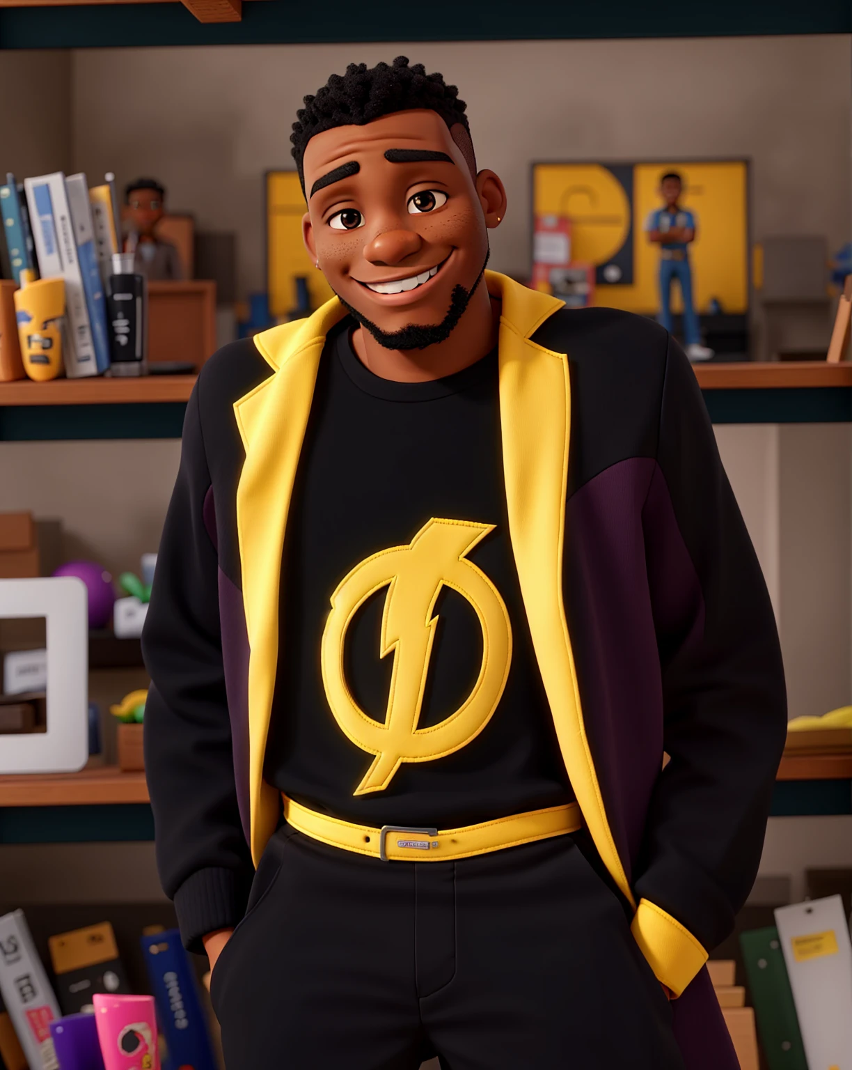 A black man in a super shock outfit smiling and with both eyes open looking at the camera