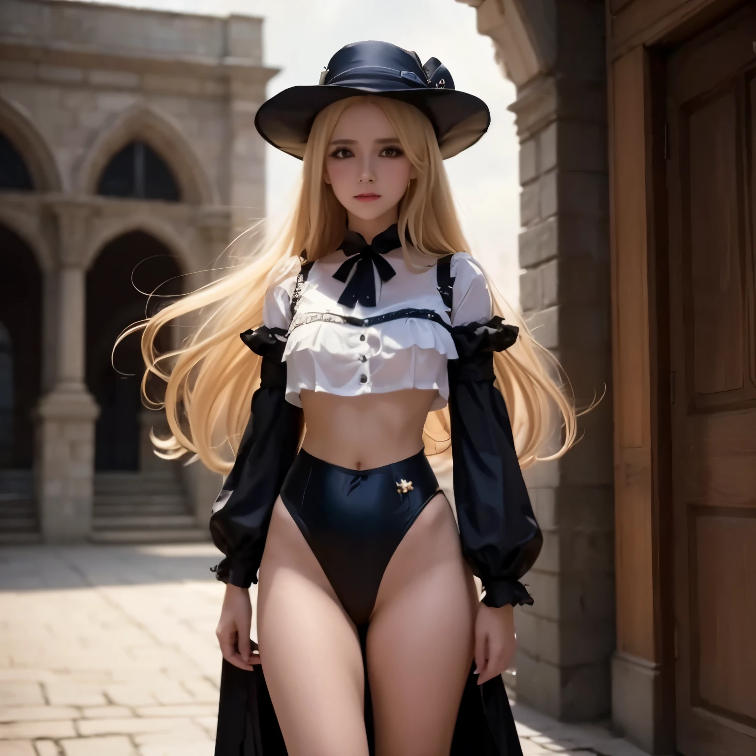 Blonde woman in black panties, white blouse and hat, anime girl cosplay, anime cosplay, cosplay, marisa kirisame, ornate cosplay, full-cosplay, glamourous cosplay, Belle Delphine, elegant glamourous cosplay, fantasy costume, cosplay photo, Castlevania Witch, real anime girl, classic witch, quite a magician, seductive anime girl, professional cosplay