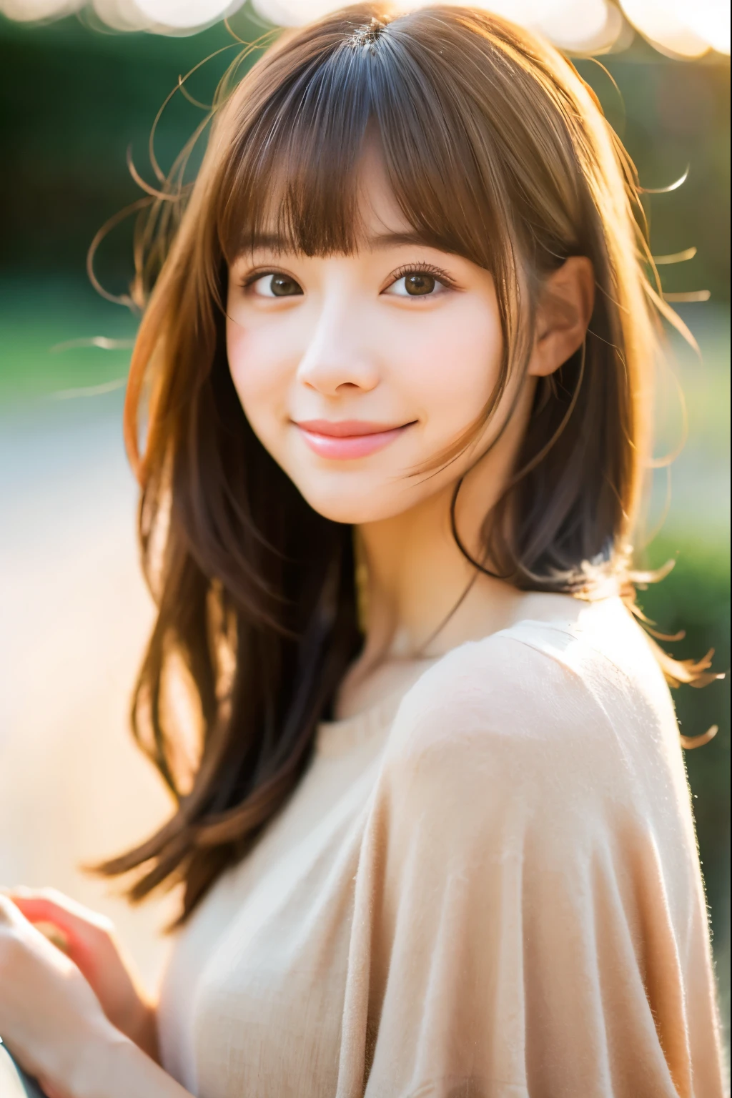 a super beautiful girl, bangs, very kind face, light eye makeup, close-up, looking at viewer, smile, brown hair, casual dress, soft lighting, blurry background, bokeh,