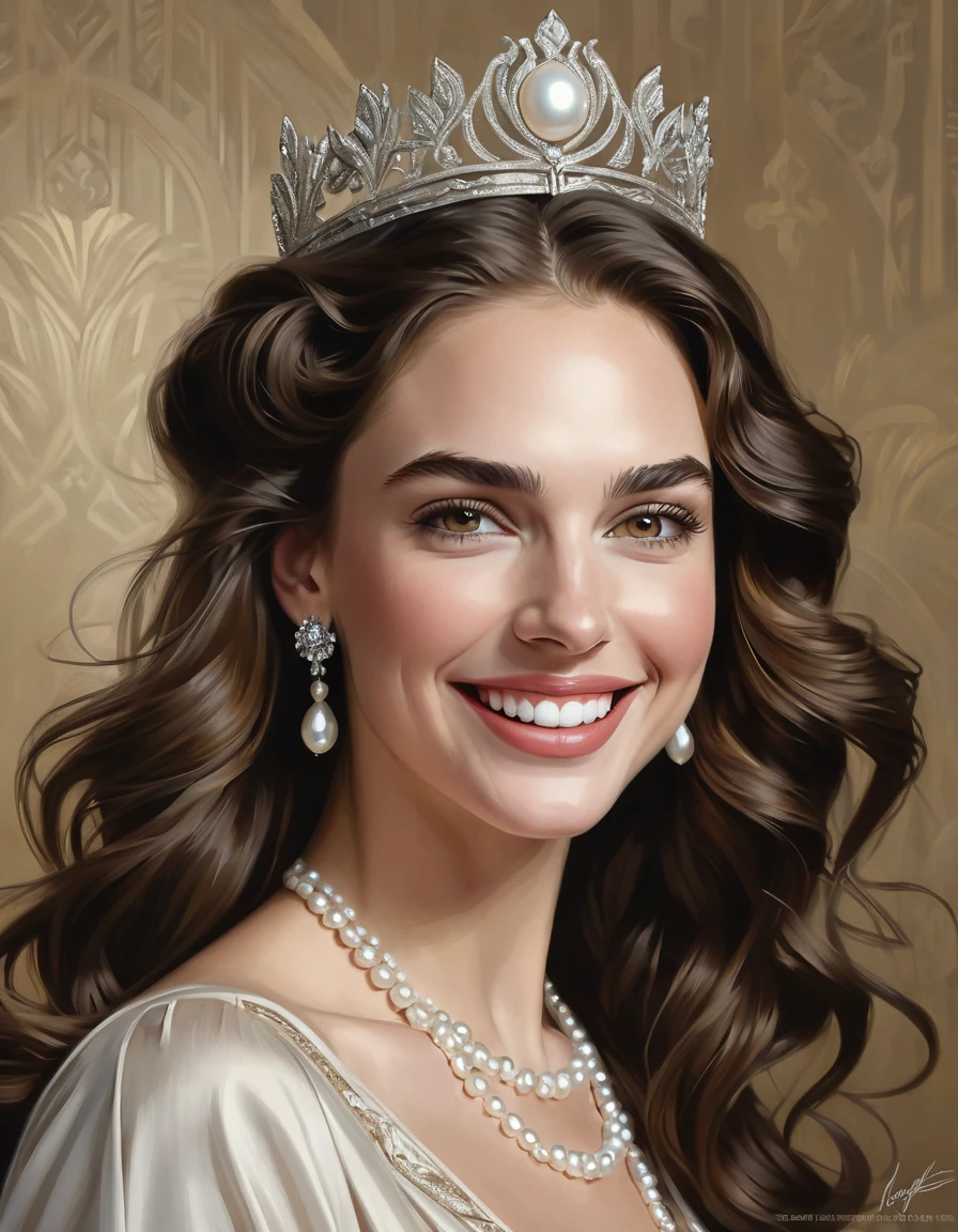 Beautiful young woman [Elizabeth II:Gal Gadot:0.45] with radiant smile, long brown lush hair, detailed and focused light eyes, large realistic facial features, beautiful smile, white even teeth, detailed drawing, cinematography, masterpiece, pure perfection, Pinot Daeni, Karol Buck, sharp focus, splashes, 16K, intricate details, an airbrush painting, inspired by Tom Bagshaw, j. c. leyendecker 8 k, very pretty face, #1 digital painting of all time, digital art - w 700, realistic cute girl painting, beautiful art uhd 4 k, girl with a pearl earringl, black elegant hair