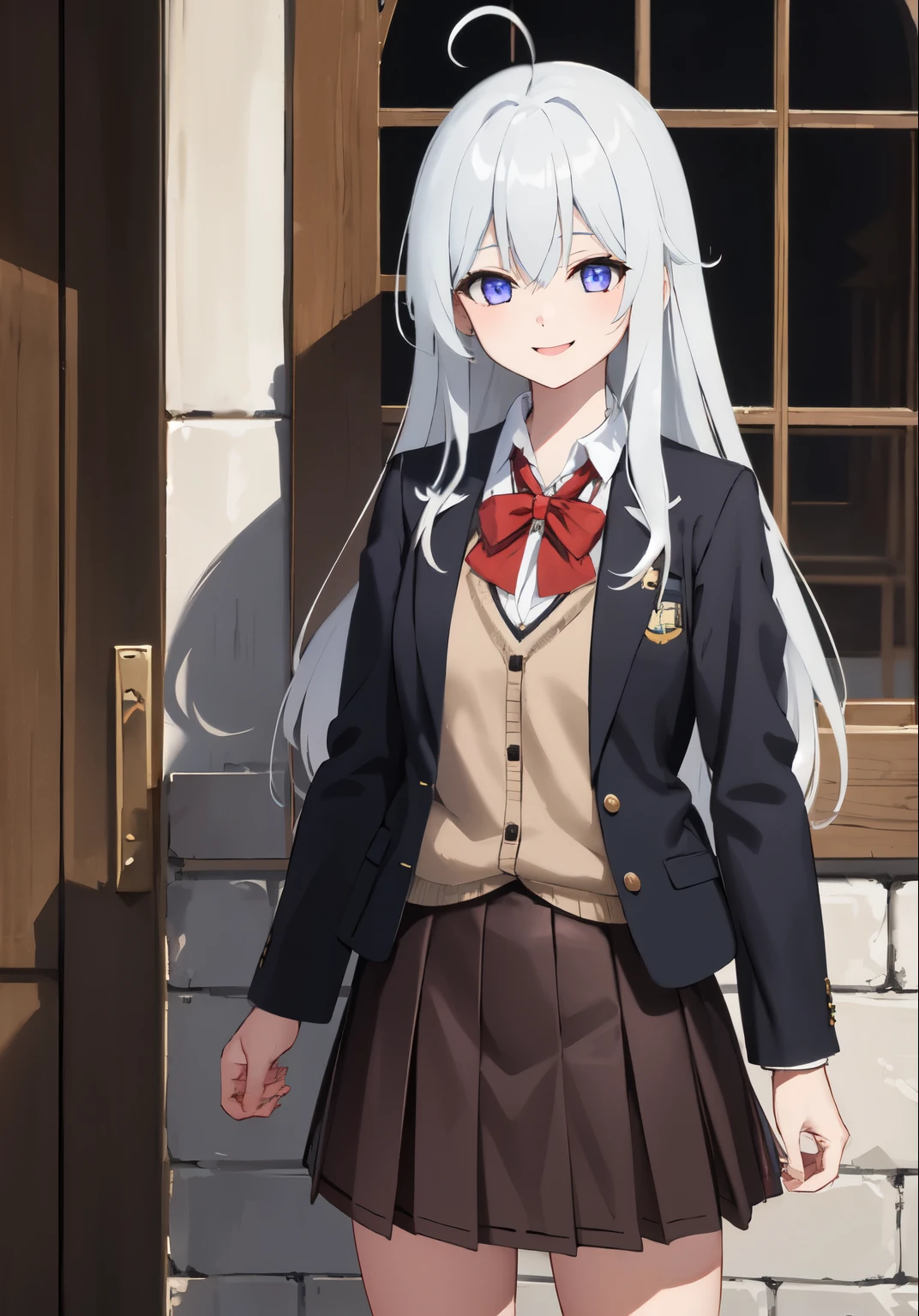 (masterpiece, best quality:1.0), highly detailed, detail, 1girl , highschool student,elaina, white hair, long hair, braided hair, ahoge, purple eyes, UNiform, red bowtie, collared shirt, sweater vest, blazer, black blazer, opened jacket, long sleeves, plaid skirt, brown skirt, outdoor, smile, standing, cowboy shot,