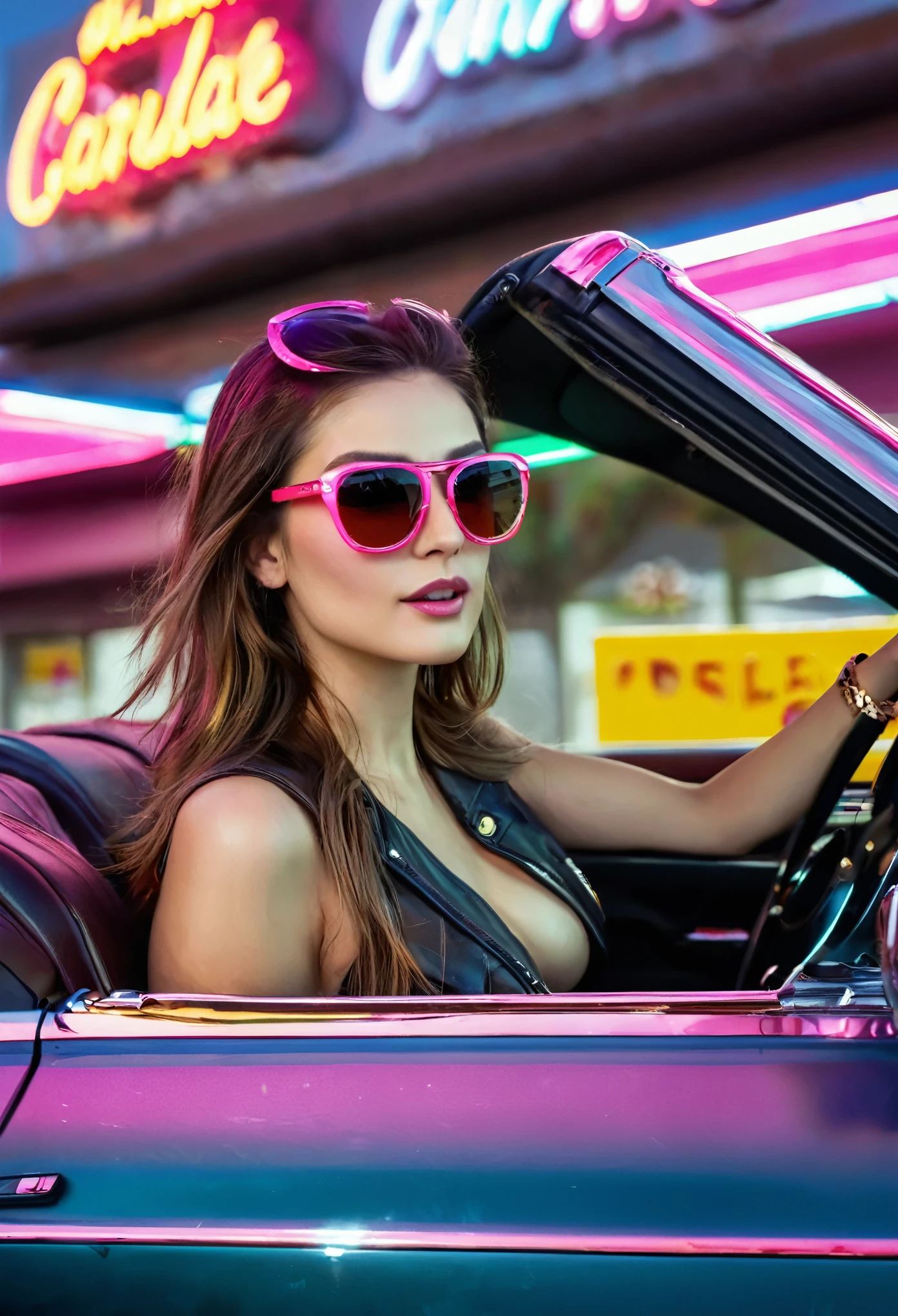 imagem inteira, diagonal photo of a 1959 Cadillac Eldorado Biarritz convertible in shiny polished metal bright pink color, cauda longa, a pintura reflete tudo ao seu redor, estilo ciberpunk, cercado de luz neon colorida, roda grossa, roda dourada, detalhes em dourado, Woman in sunglasses driving, neon na pintura do carro, pintura reflexiva que reflete tudo ao seu redor, farol detalhado, farol muito detalhado, as detailed as possible, hyper-realistic as realistic as possible, It's in a cyberpunk-style gas station with pink and blue neon lights everywhere, melhor qualidade, CRU, obra-prima, foto super fina, melhor qualidade, super high resolution, fotorrealista, luz solar, enquadrando o carro inteiro na foto, incrivelmente bonito,, dynamic poses, the car is complete in the image