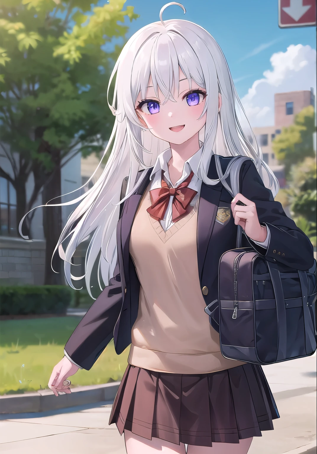 (masterpiece, best quality:1.0), highly detailed,  detail,  1girl , high,elaina, white hair, long hair, braided hair, ahoge, purple eyes, UNiform, red bowtie, collared shirt, sweater vest, blazer, black blazer, opened jacket, long sleeves, plaid skirt, brown skirt, outdoor,  smile,  standing, cowboy shot, carries school backpack, (school backpack:1.1)